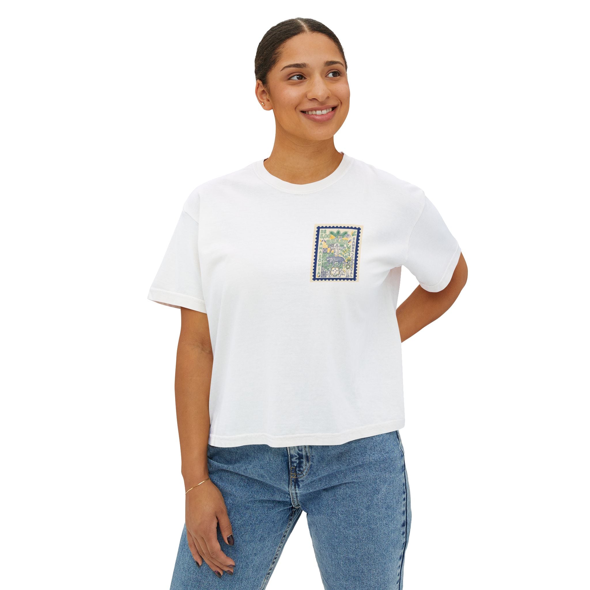 Brazil Stamp Graphic Boxy Tee — Tropical Vintage Postage Design