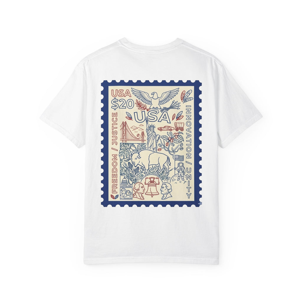 Stamp-Style USA Graphic T-Shirt — Patriotic Vintage 20 Stamp Design