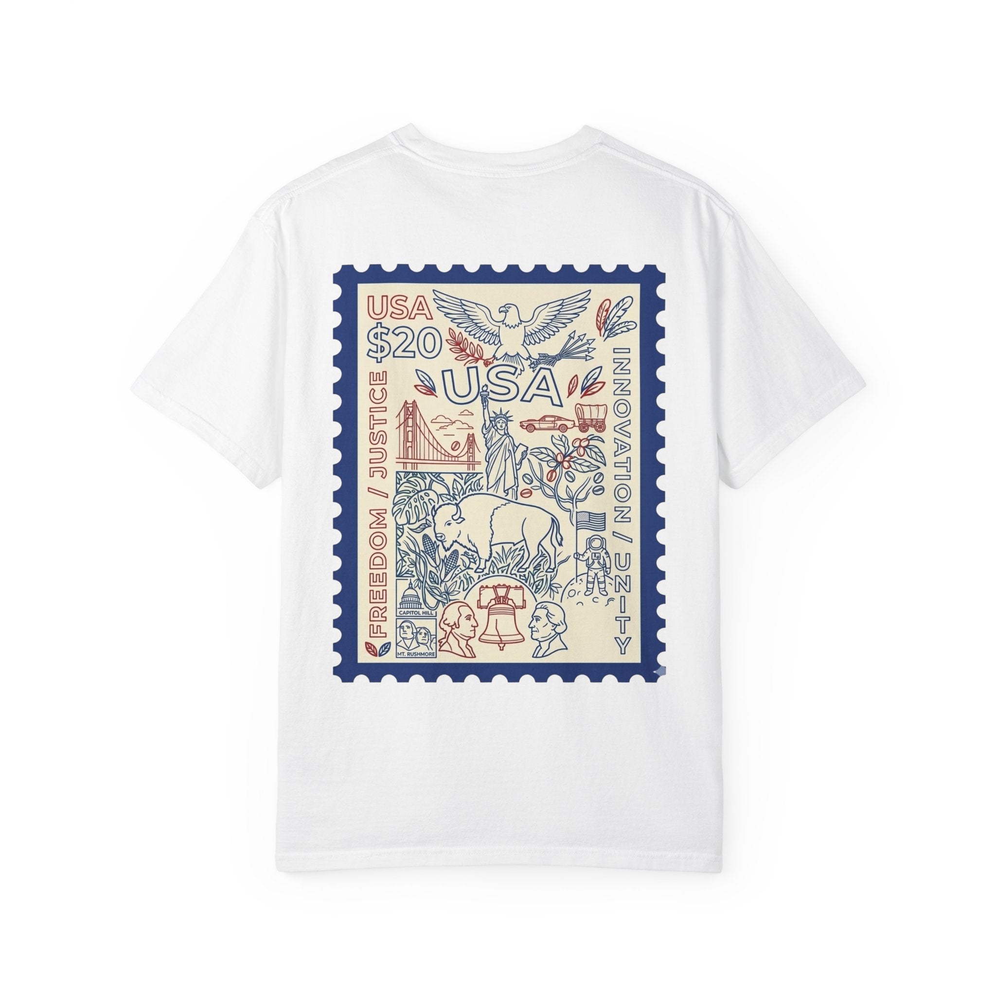 Stamp-Style USA Graphic T-Shirt — Patriotic Vintage 20 Stamp Design