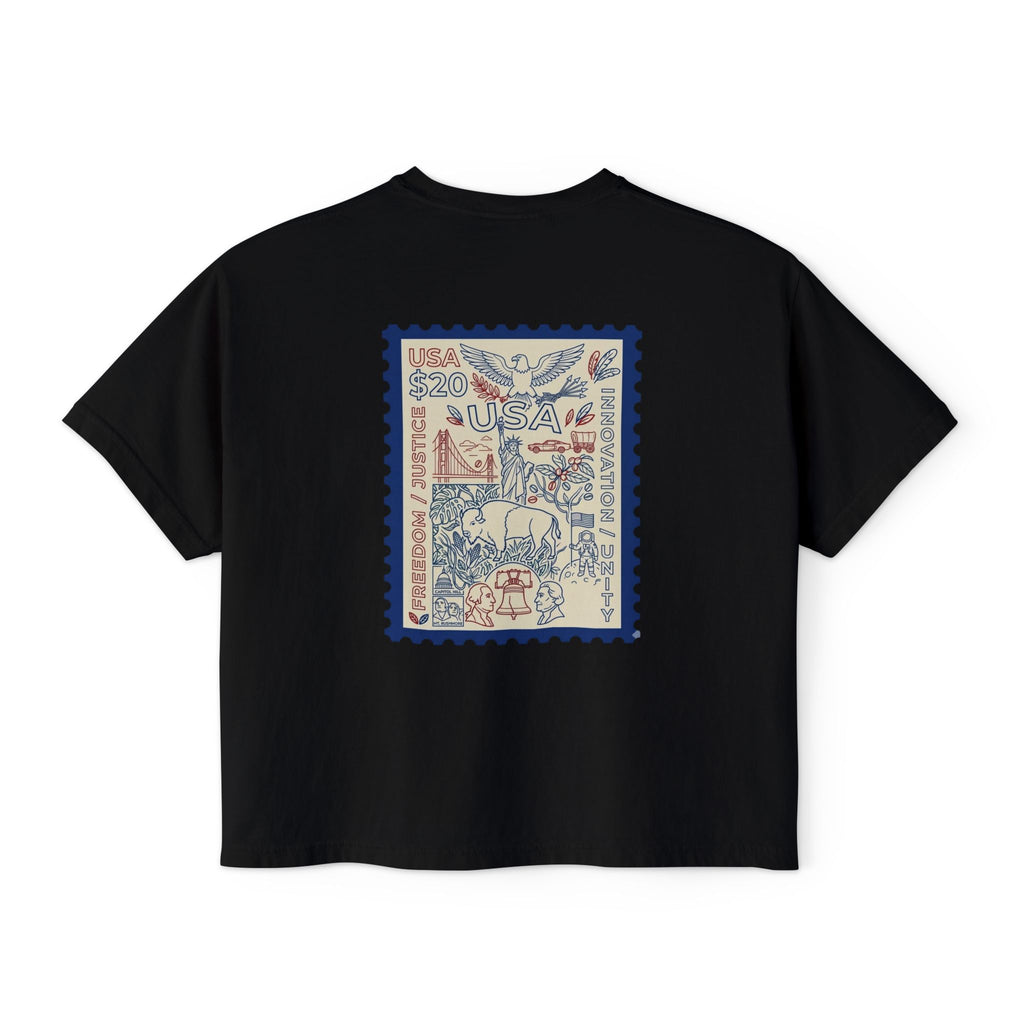 USA Stamp Graphic Boxy Tee — Vintage Patriotic Postage Design