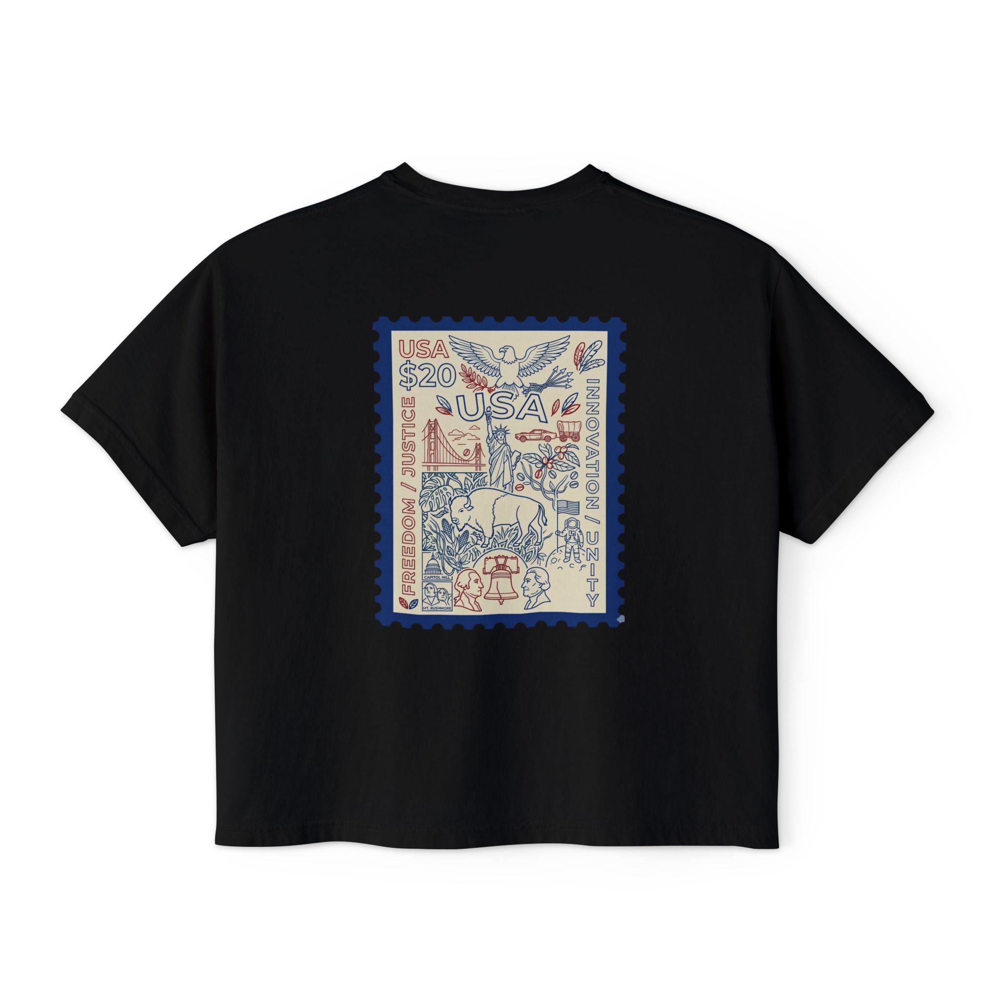 USA Stamp Graphic Boxy Tee — Vintage Patriotic Postage Design