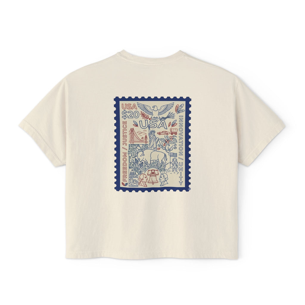 USA Stamp Graphic Boxy Tee — Vintage Patriotic Postage Design