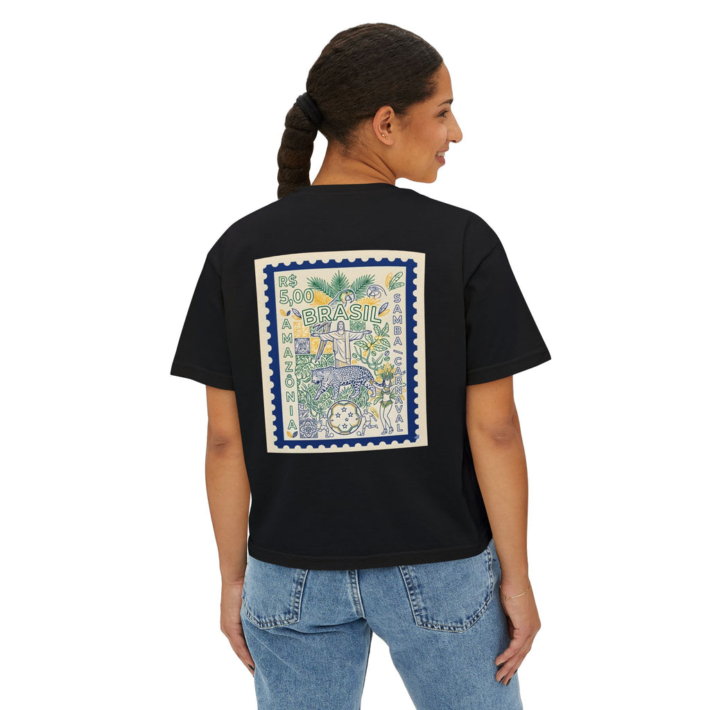 Brazil Stamp Graphic Boxy Tee — Tropical Vintage Postage Design