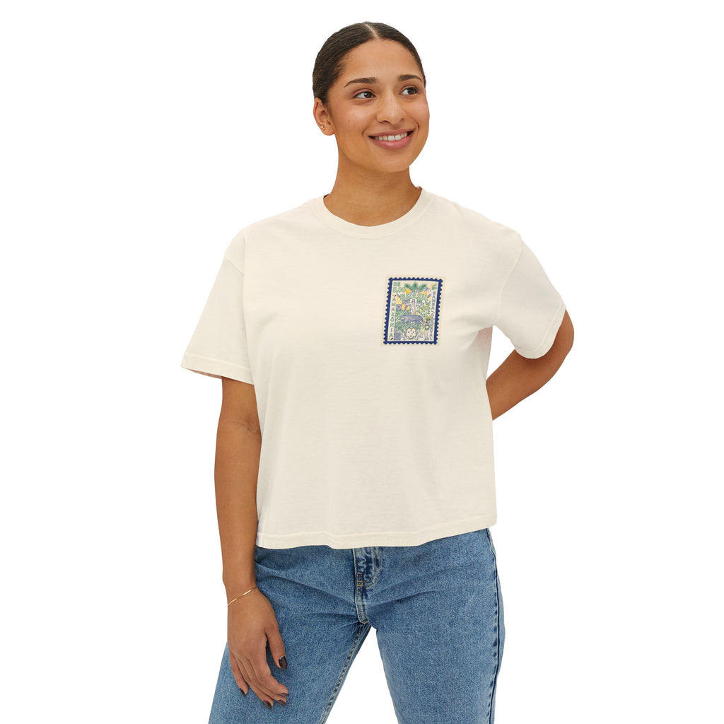 Brazil Stamp Graphic Boxy Tee — Tropical Vintage Postage Design