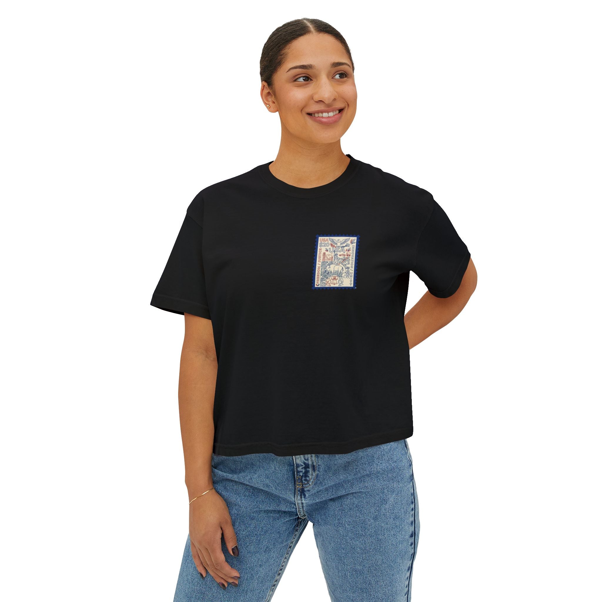 USA Stamp Graphic Boxy Tee — Vintage Patriotic Postage Design