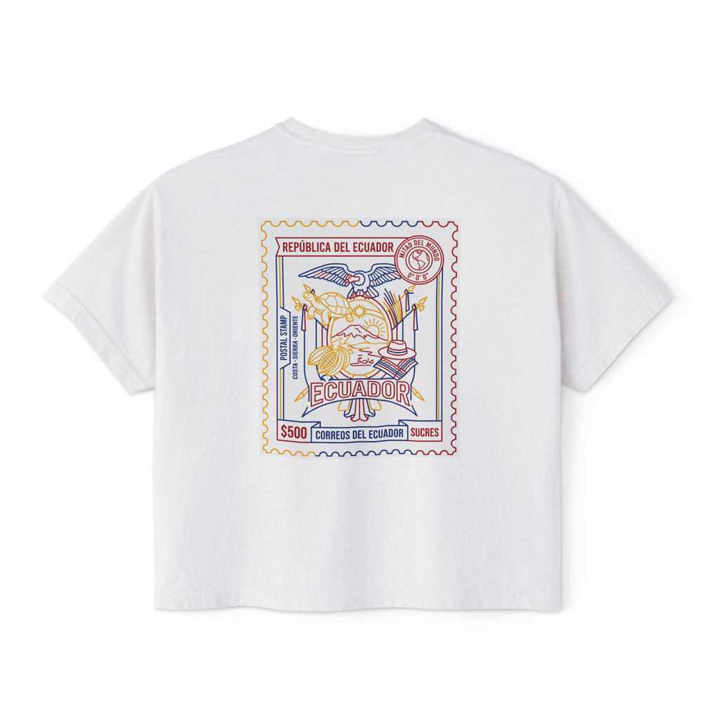 Ecuador Stamp Boxy Tee — Vintage Travel Graphic Women's T-Shirt