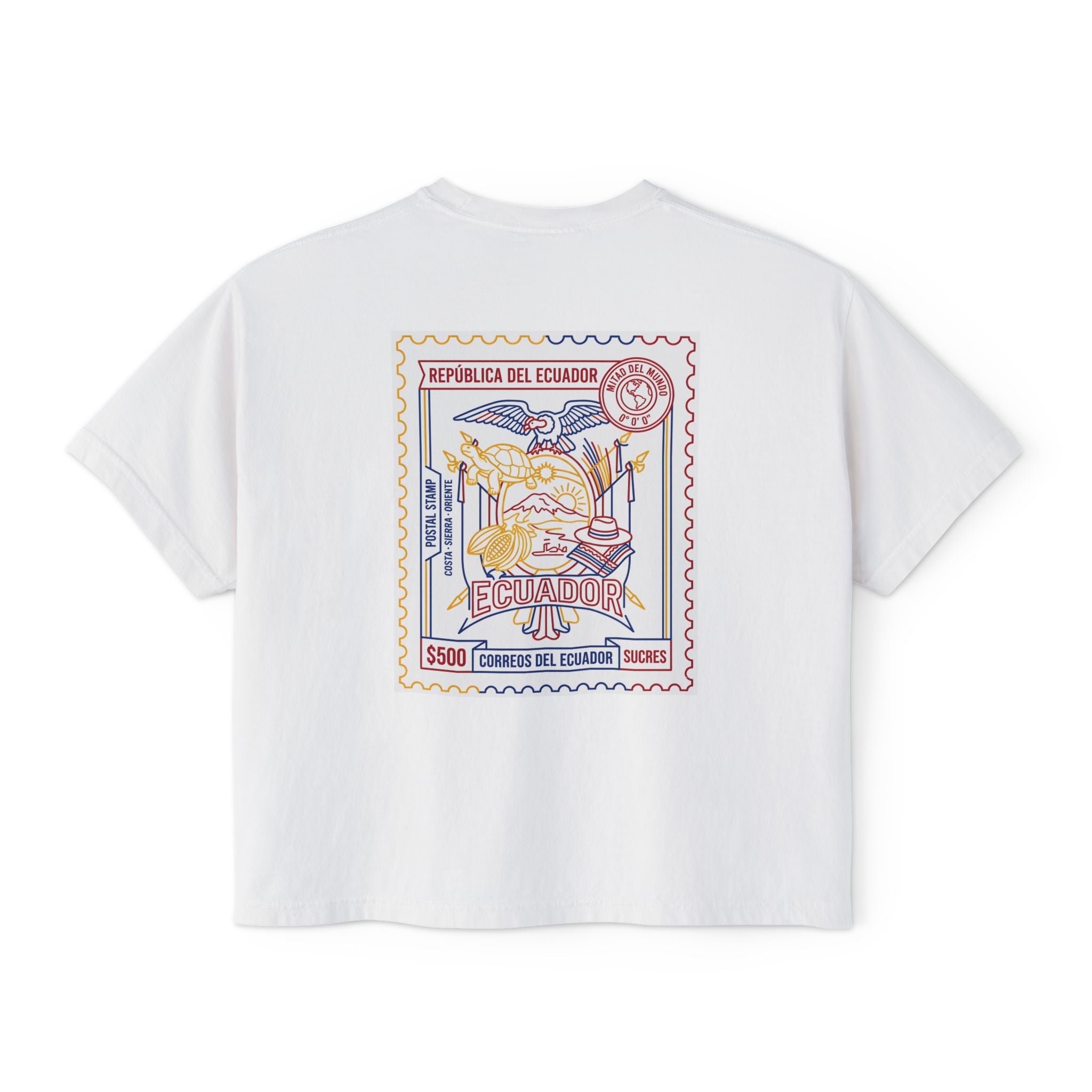 Ecuador Stamp Boxy Tee — Vintage Travel Graphic Women's T-Shirt