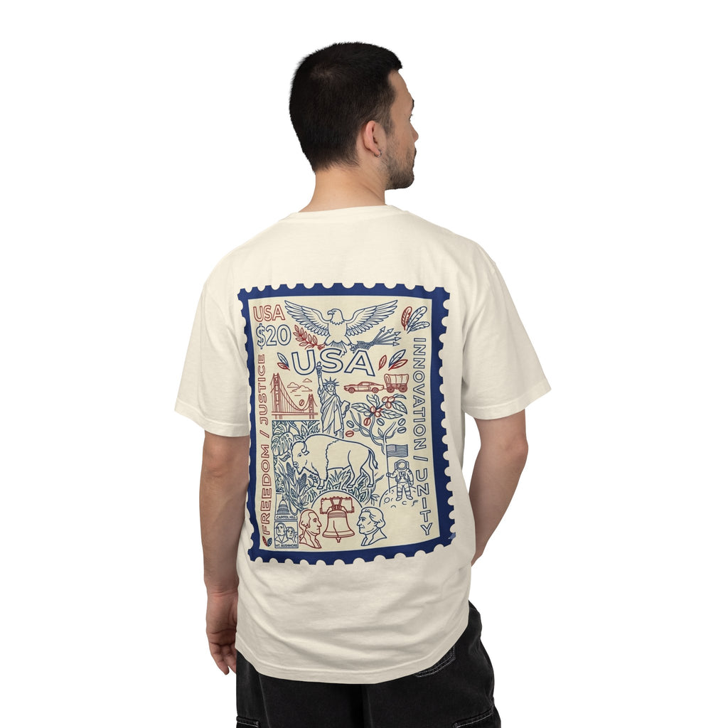 Stamp-Style USA Graphic T-Shirt — Patriotic Vintage 20 Stamp Design