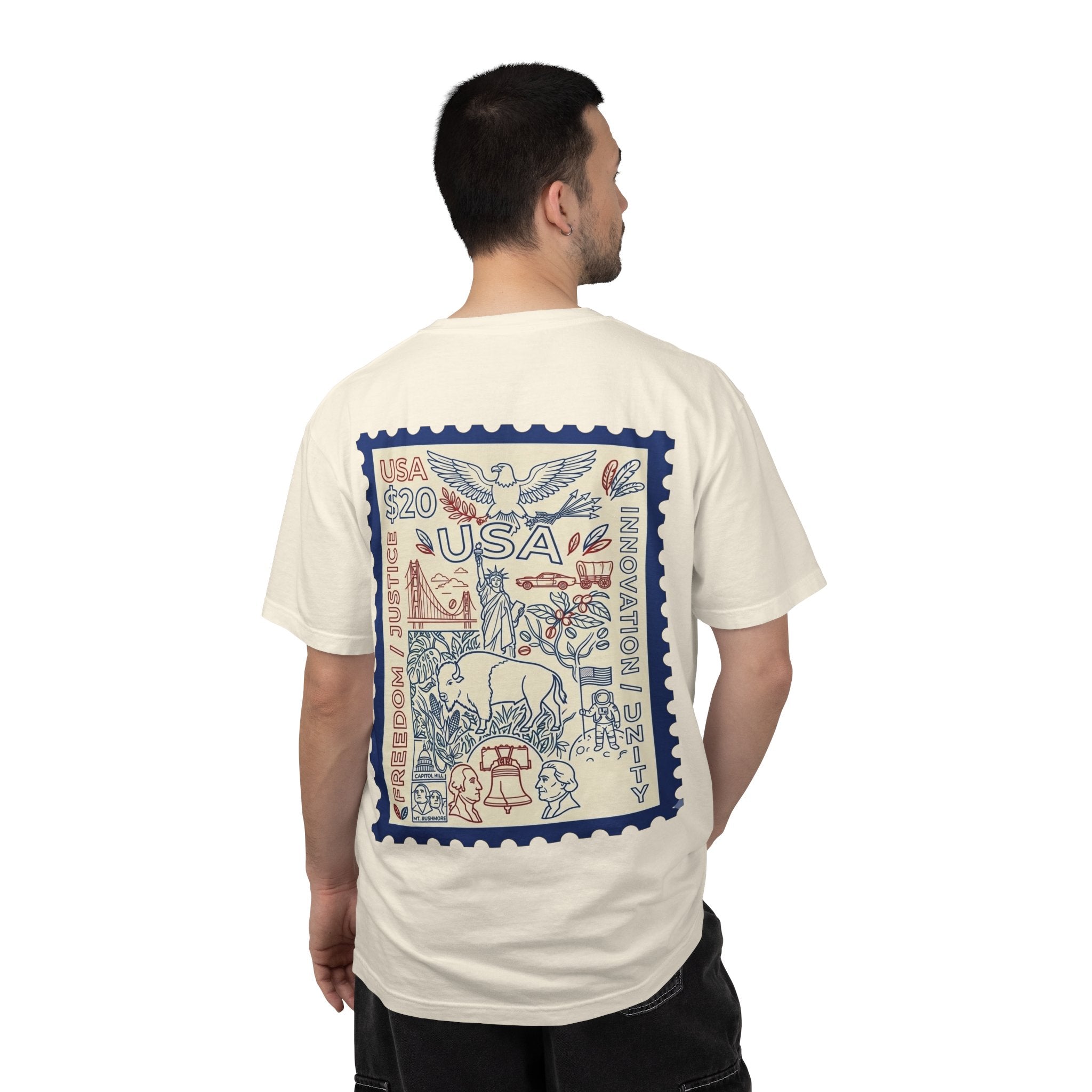Stamp-Style USA Graphic T-Shirt — Patriotic Vintage 20 Stamp Design