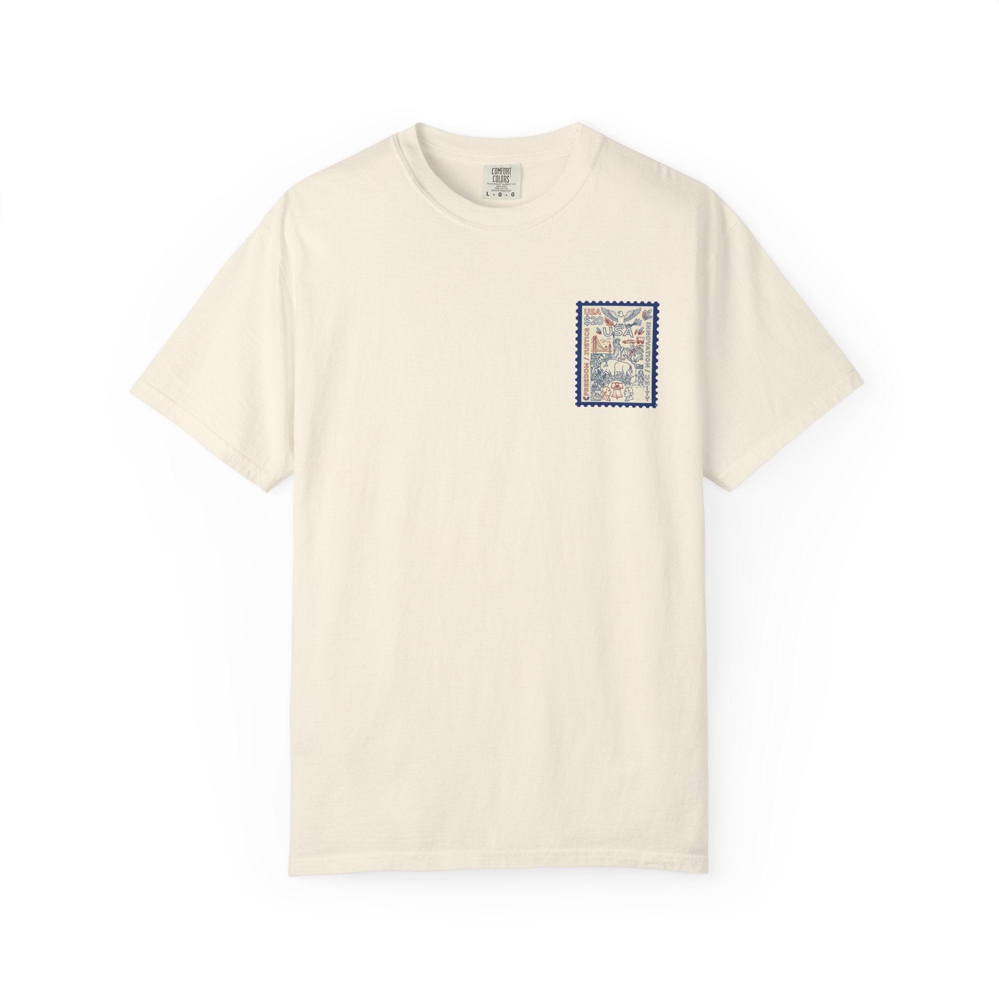 Stamp-Style USA Graphic T-Shirt — Patriotic Vintage 20 Stamp Design