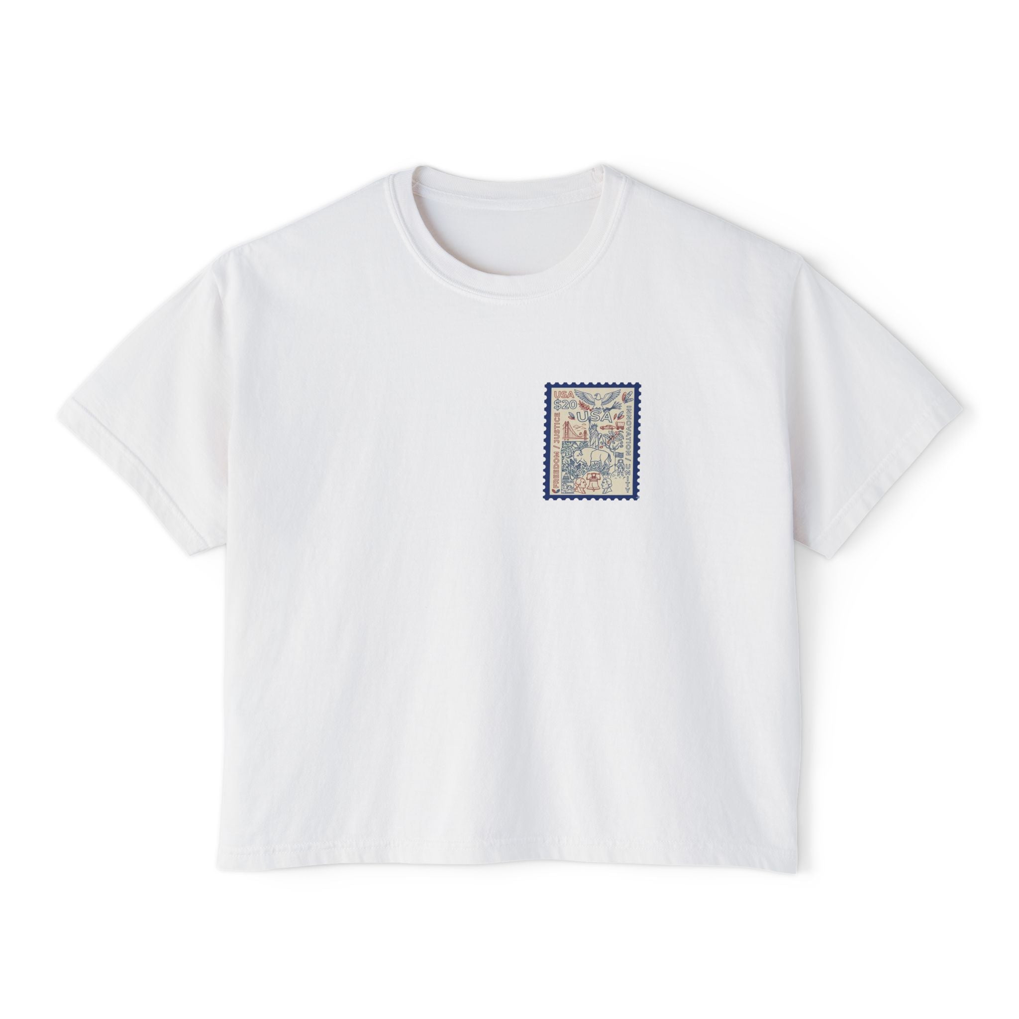 USA Stamp Graphic Boxy Tee — Vintage Patriotic Postage Design
