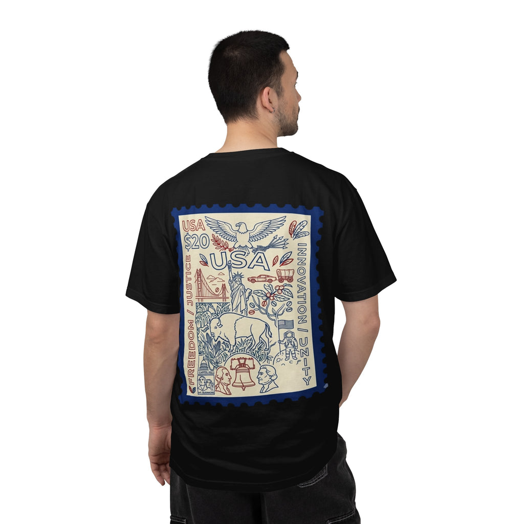 Stamp-Style USA Graphic T-Shirt — Patriotic Vintage 20 Stamp Design