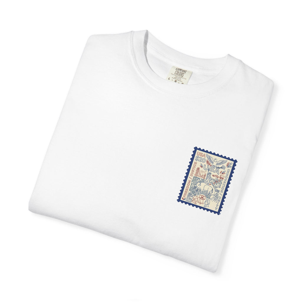 Stamp-Style USA Graphic T-Shirt — Patriotic Vintage 20 Stamp Design