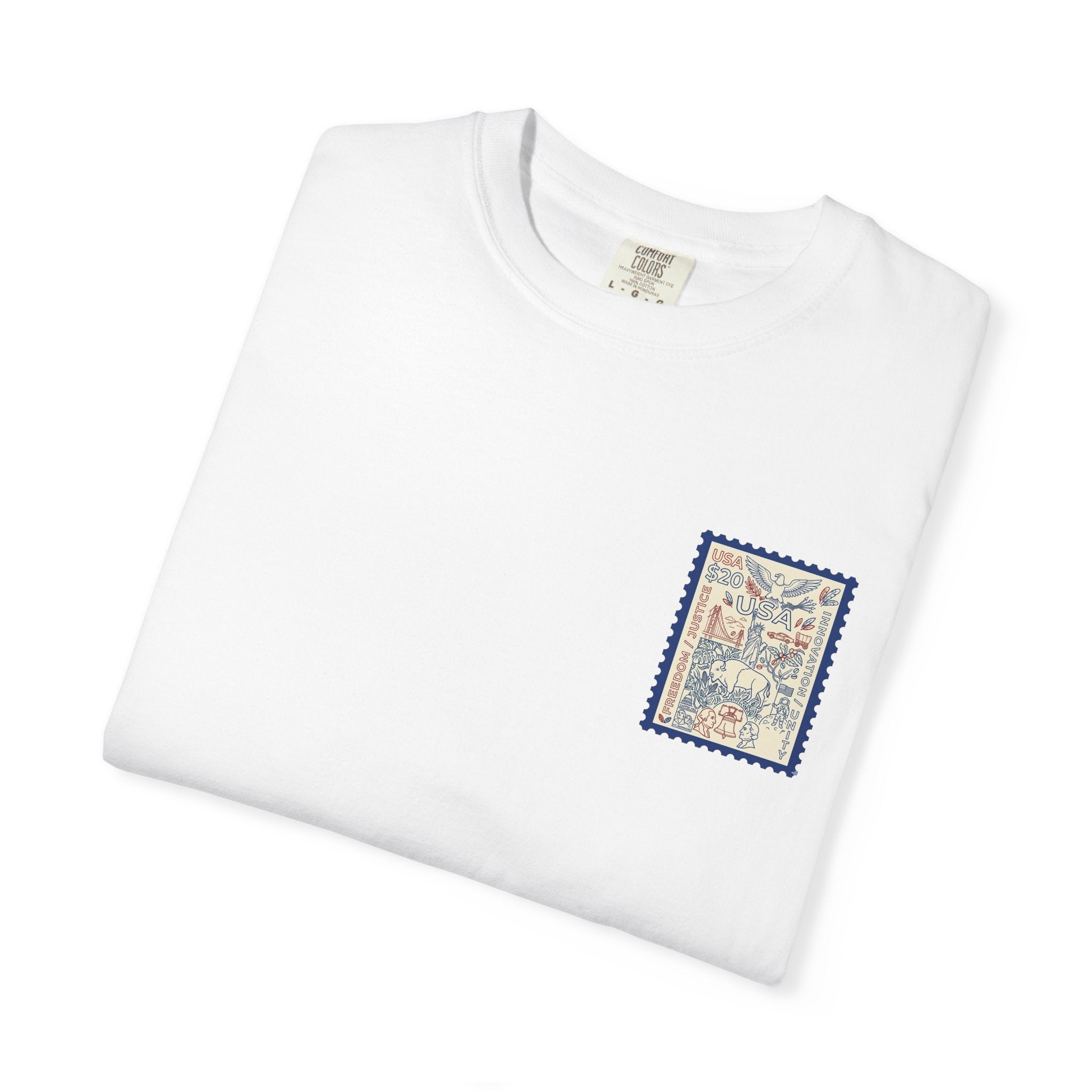Stamp-Style USA Graphic T-Shirt — Patriotic Vintage 20 Stamp Design