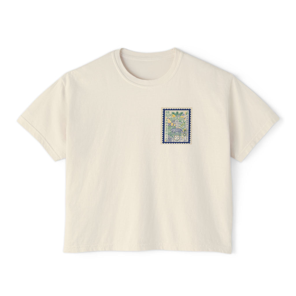 Brazil Stamp Graphic Boxy Tee — Tropical Vintage Postage Design