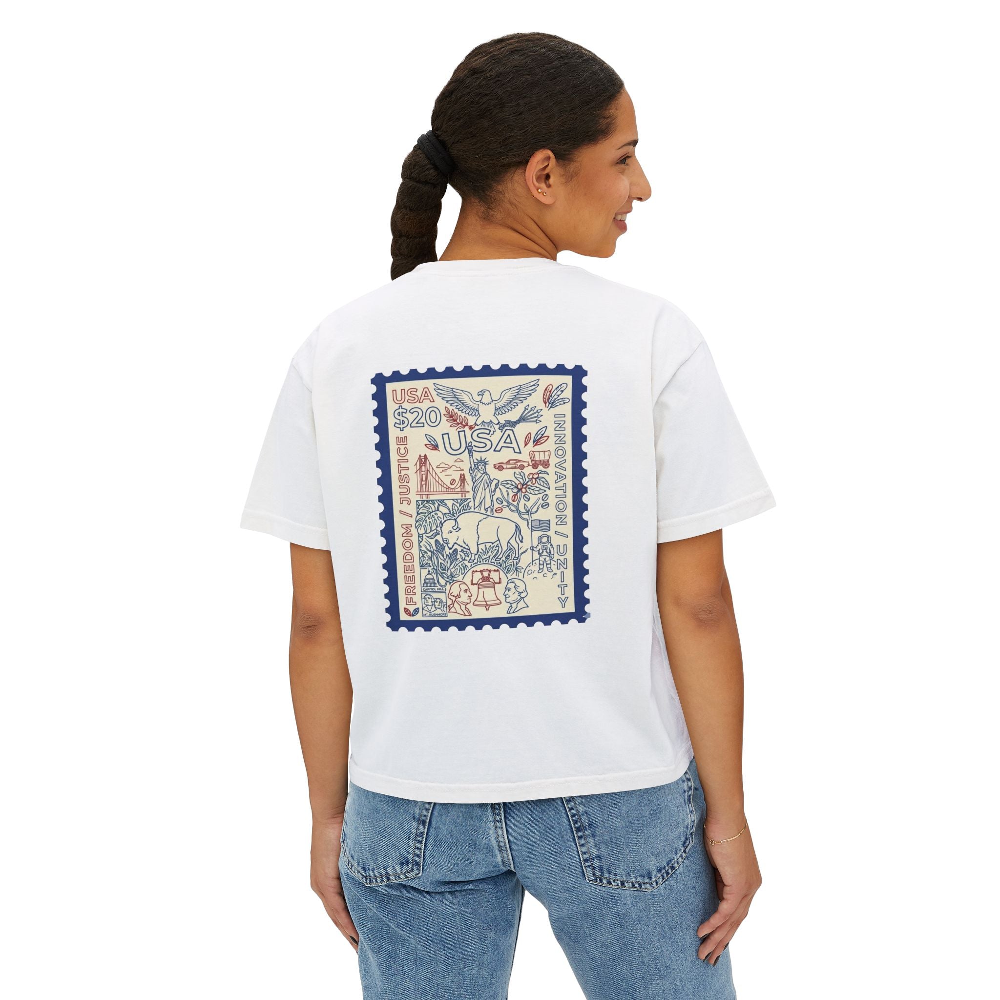 USA Stamp Graphic Boxy Tee — Vintage Patriotic Postage Design