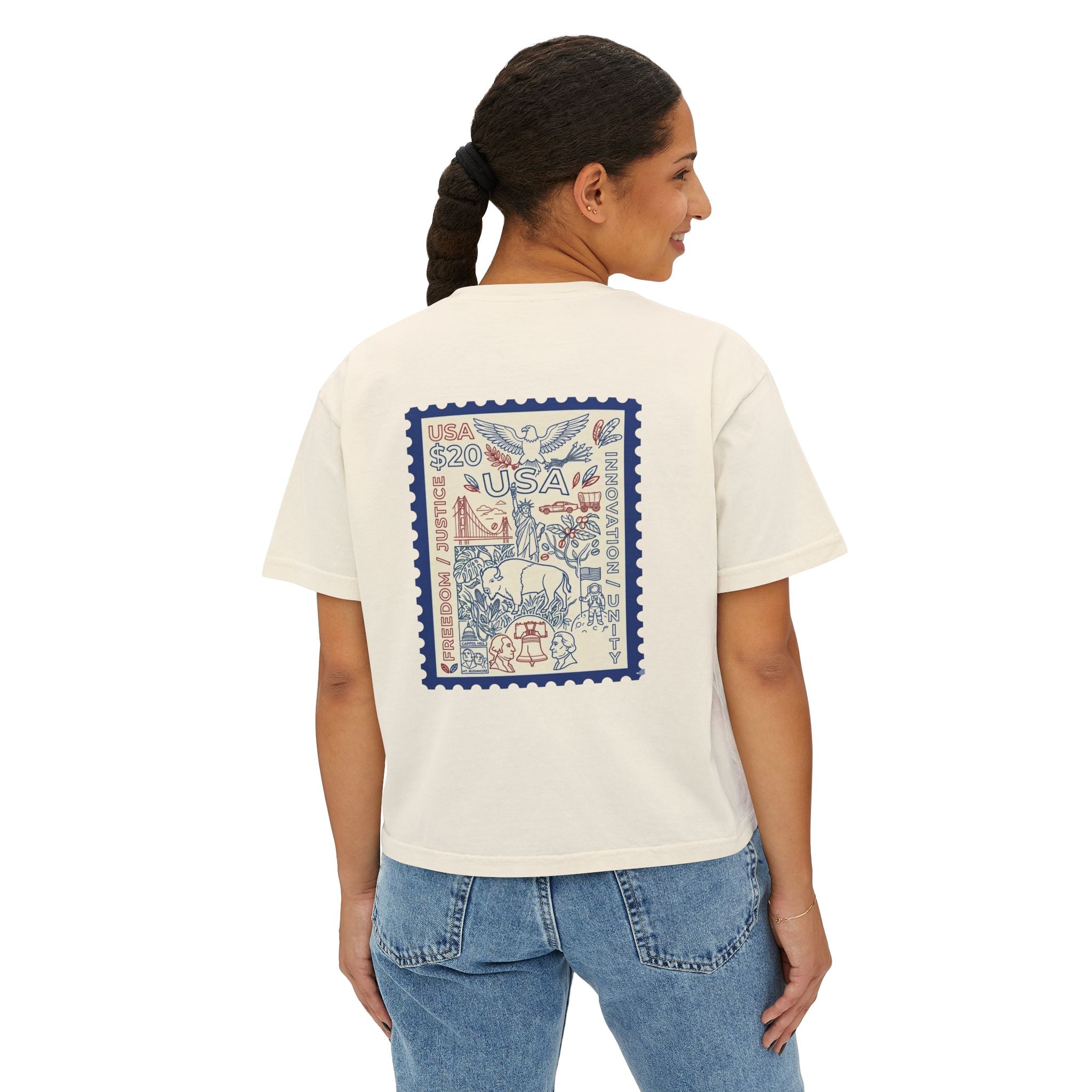 USA Stamp Graphic Boxy Tee — Vintage Patriotic Postage Design