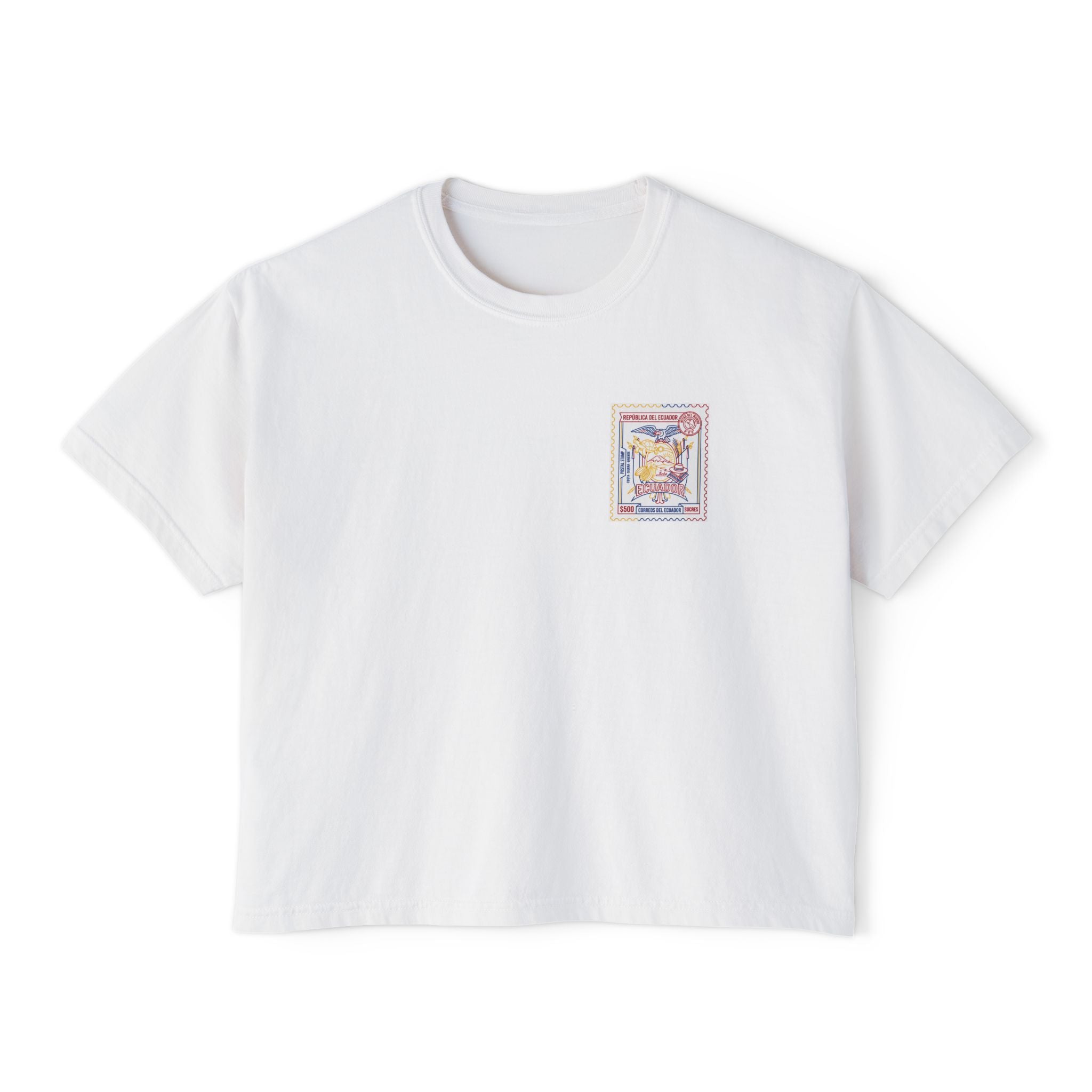 Ecuador Stamp Boxy Tee — Vintage Travel Graphic Women's T-Shirt