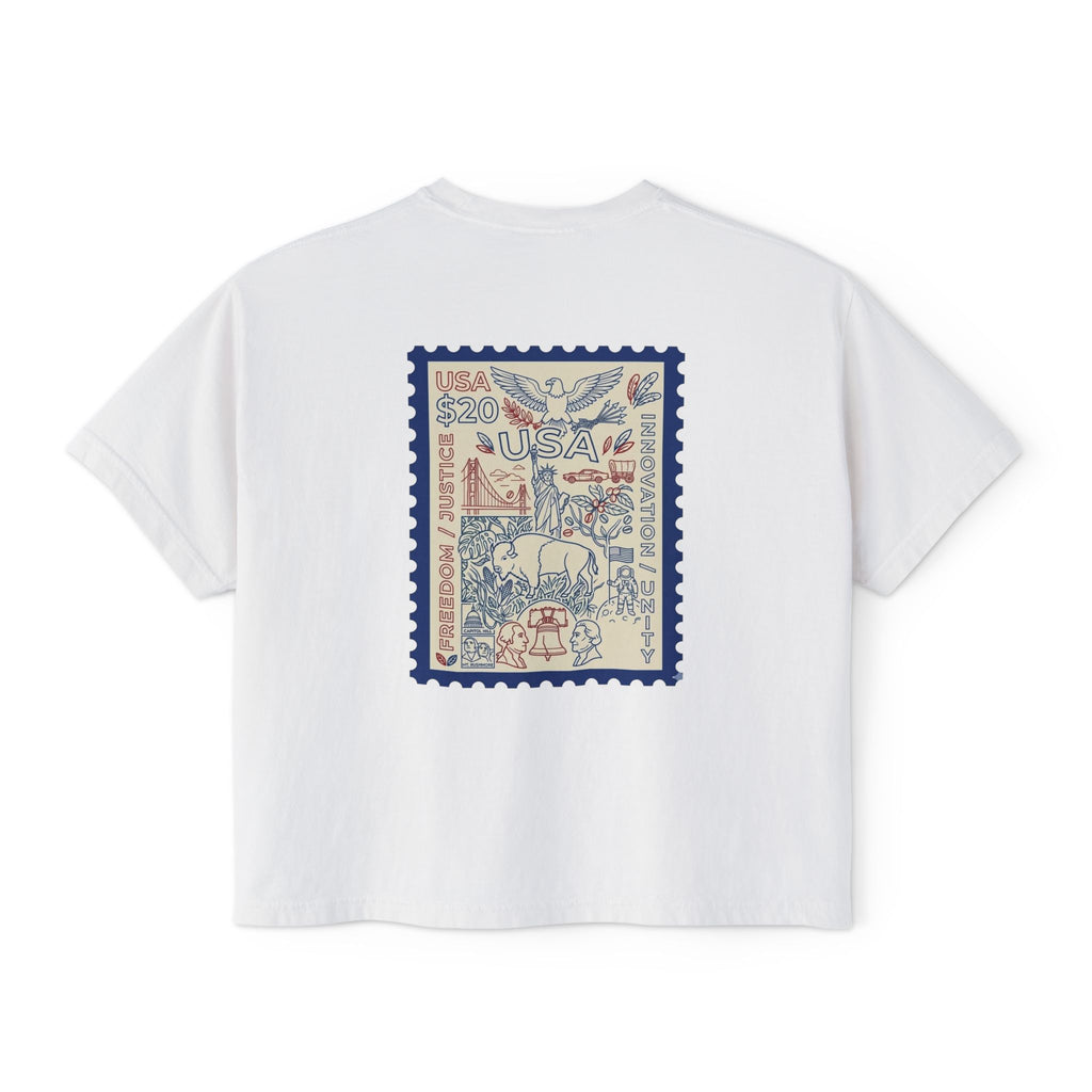 USA Stamp Graphic Boxy Tee — Vintage Patriotic Postage Design