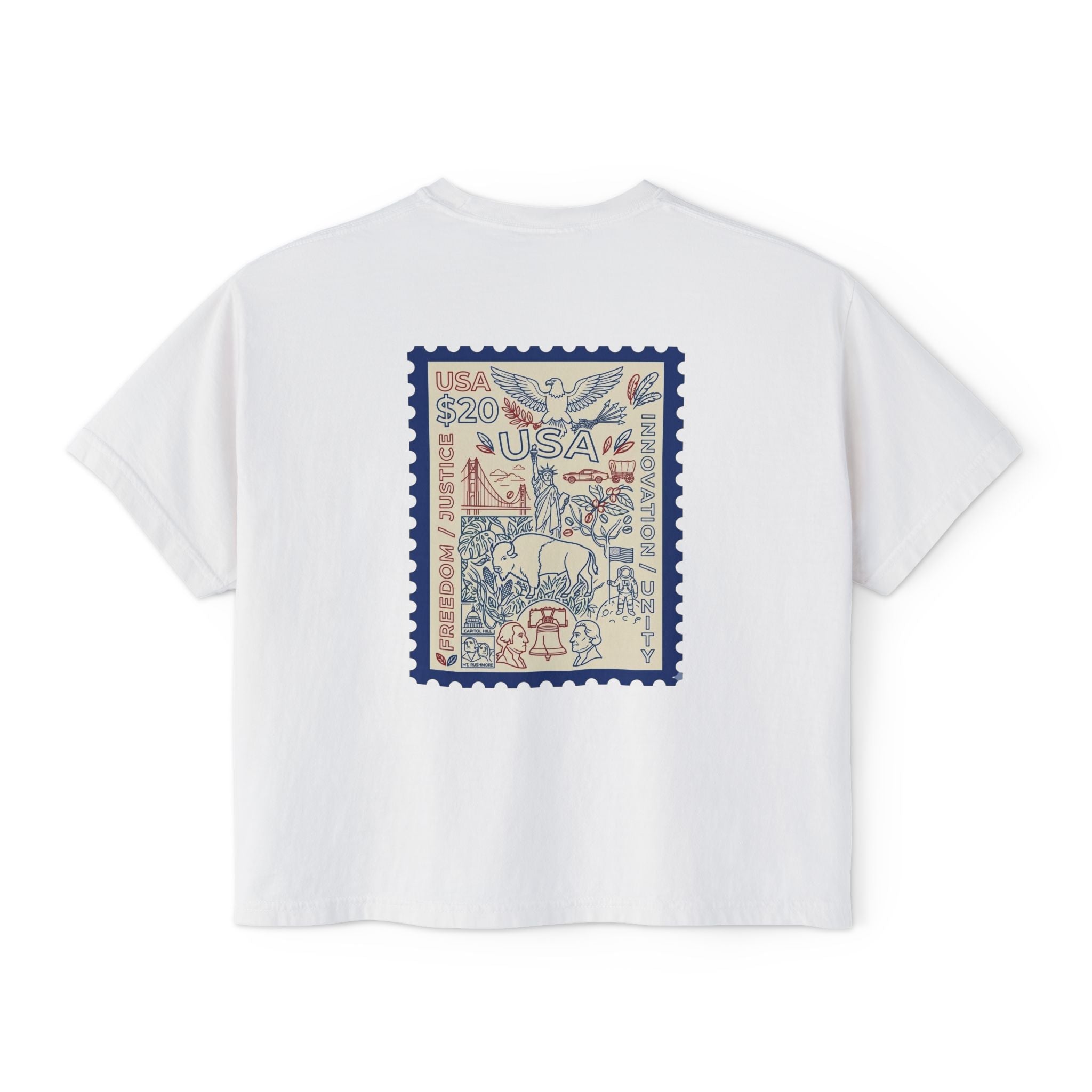 USA Stamp Graphic Boxy Tee — Vintage Patriotic Postage Design