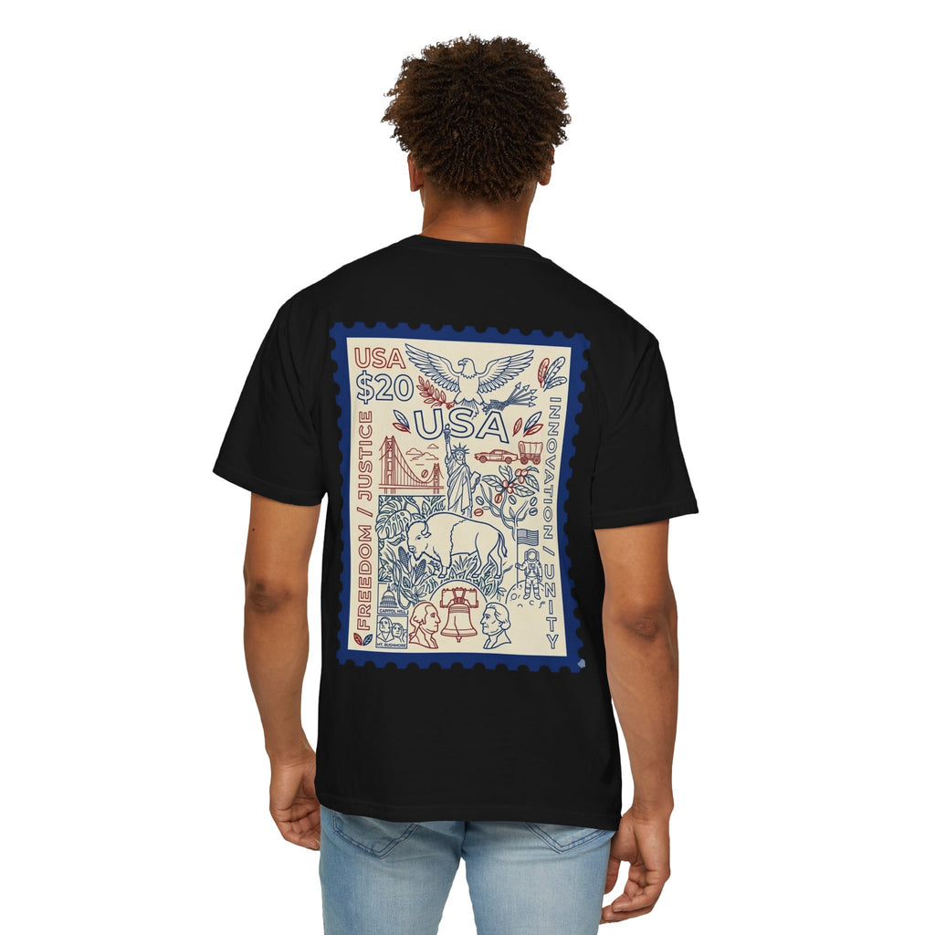 Stamp-Style USA Graphic T-Shirt — Patriotic Vintage 20 Stamp Design