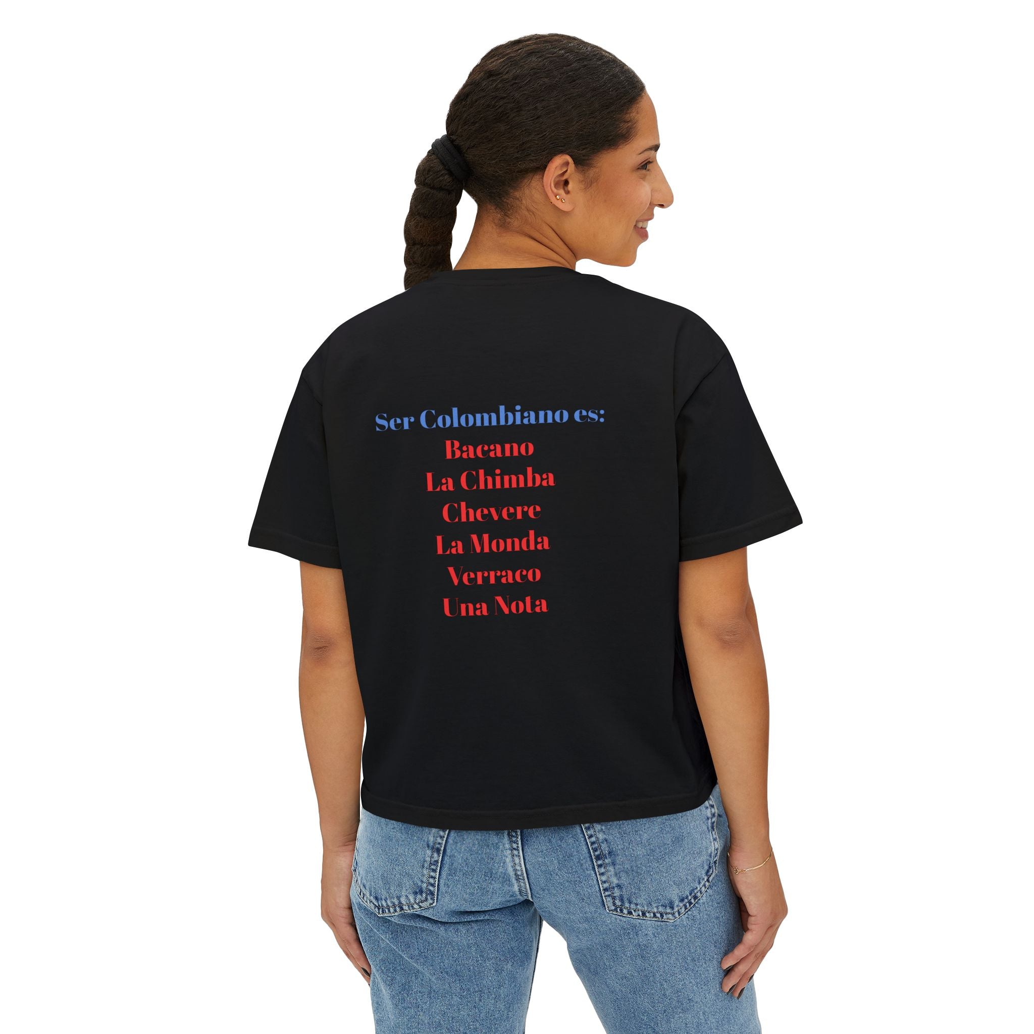 Colombia Flag Boxy Tee — 'Ser Colombiano es' List Graphic