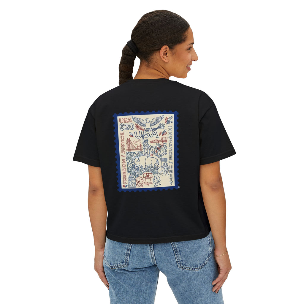 USA Stamp Graphic Boxy Tee — Vintage Patriotic Postage Design
