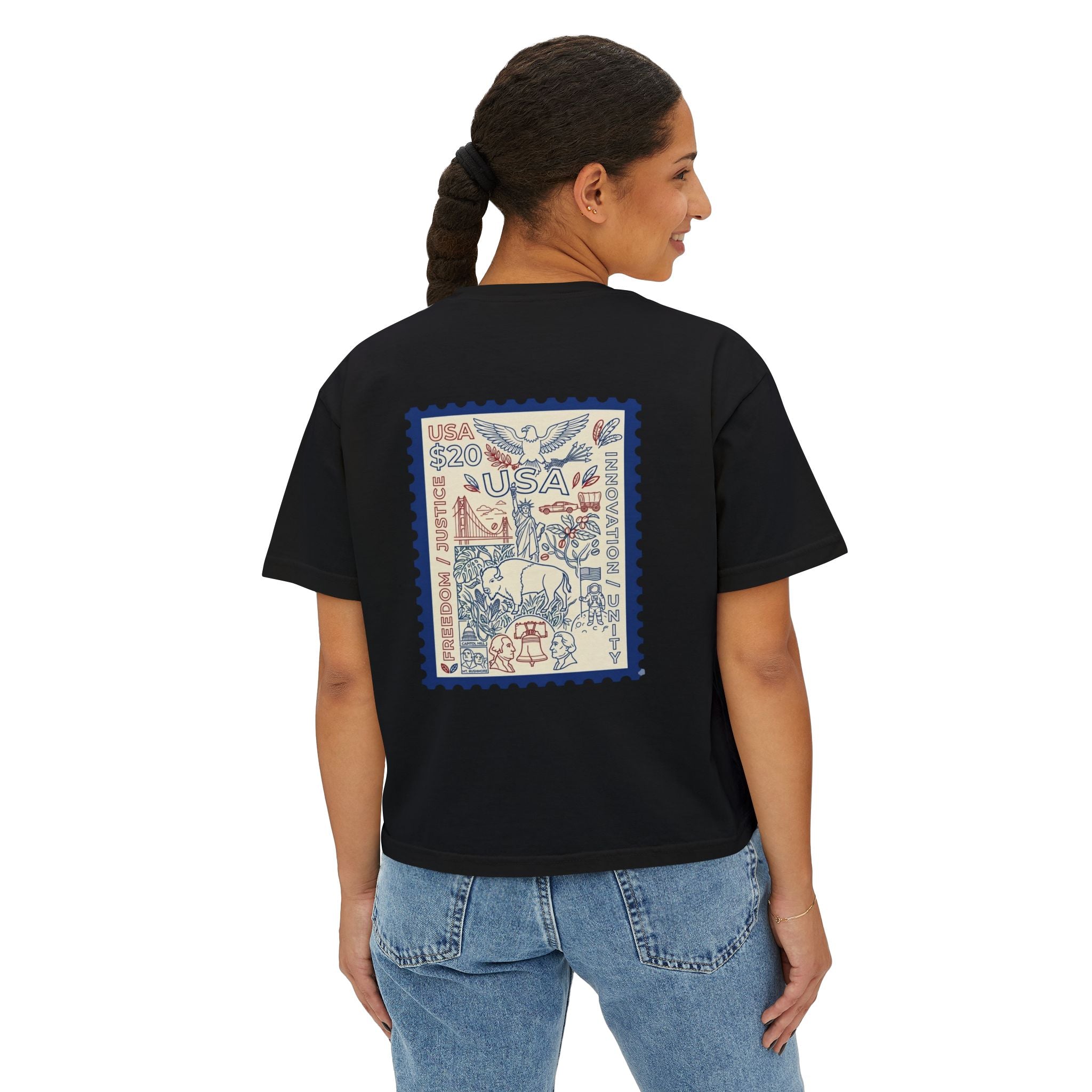 USA Stamp Graphic Boxy Tee — Vintage Patriotic Postage Design