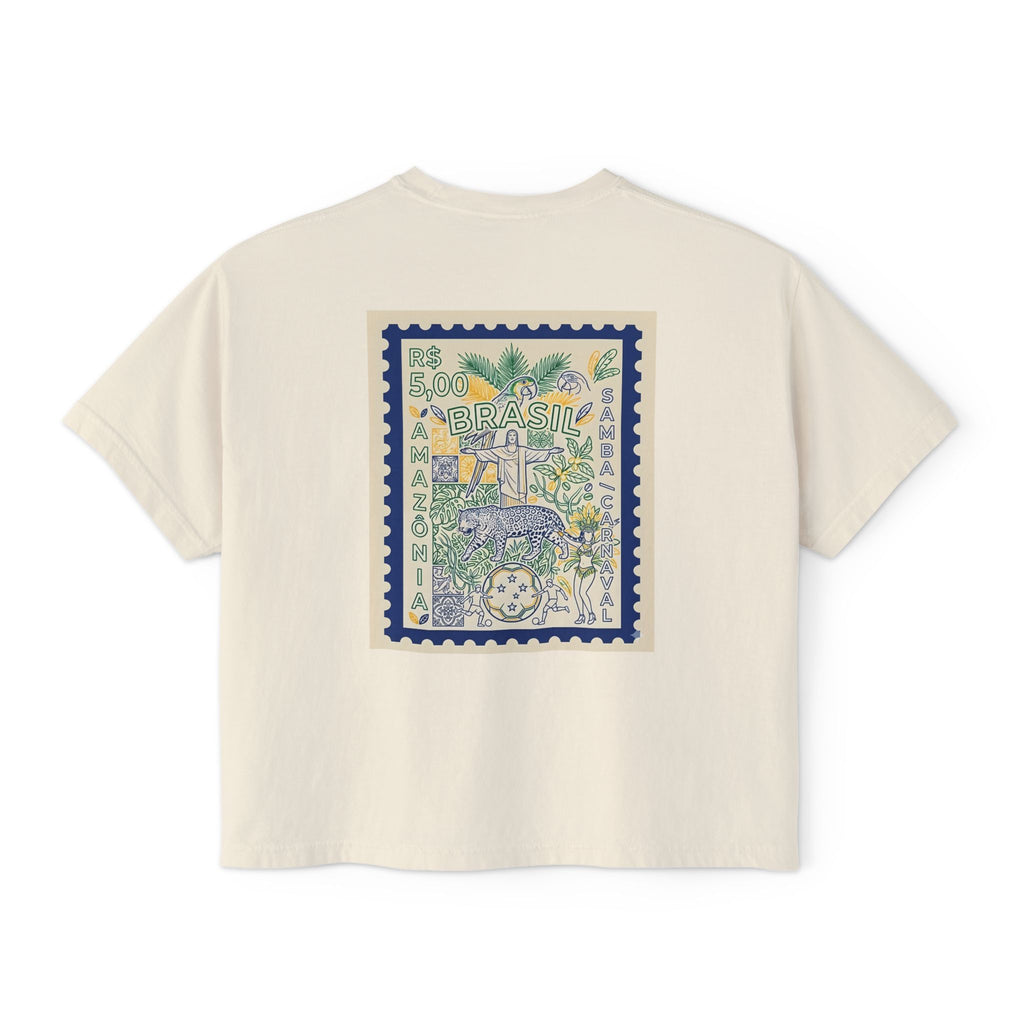 Brazil Stamp Graphic Boxy Tee — Tropical Vintage Postage Design