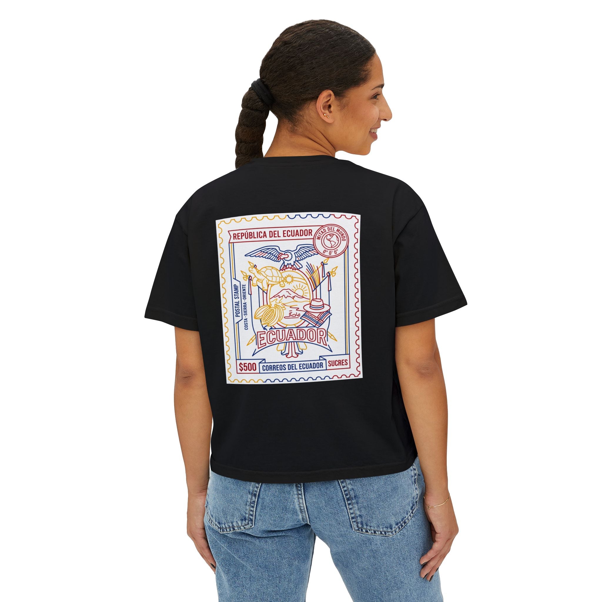 Ecuador Stamp Boxy Tee — Vintage Travel Graphic Women's T-Shirt