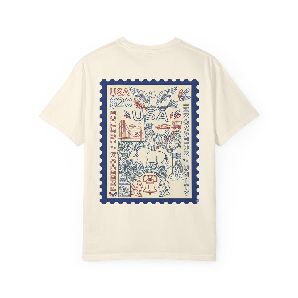 Stamp-Style USA Graphic T-Shirt — Patriotic Vintage 20 Stamp Design