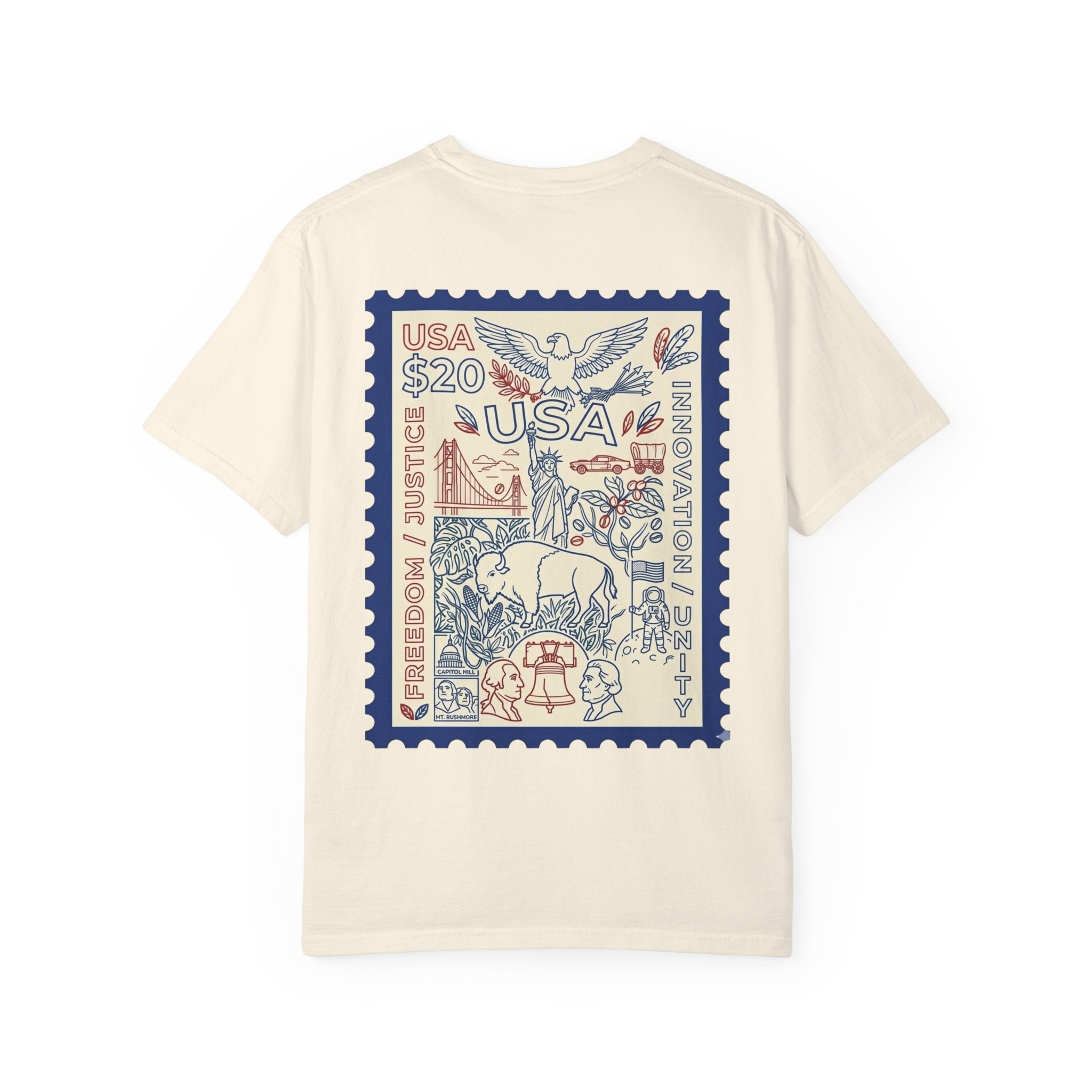Stamp-Style USA Graphic T-Shirt — Patriotic Vintage 20 Stamp Design
