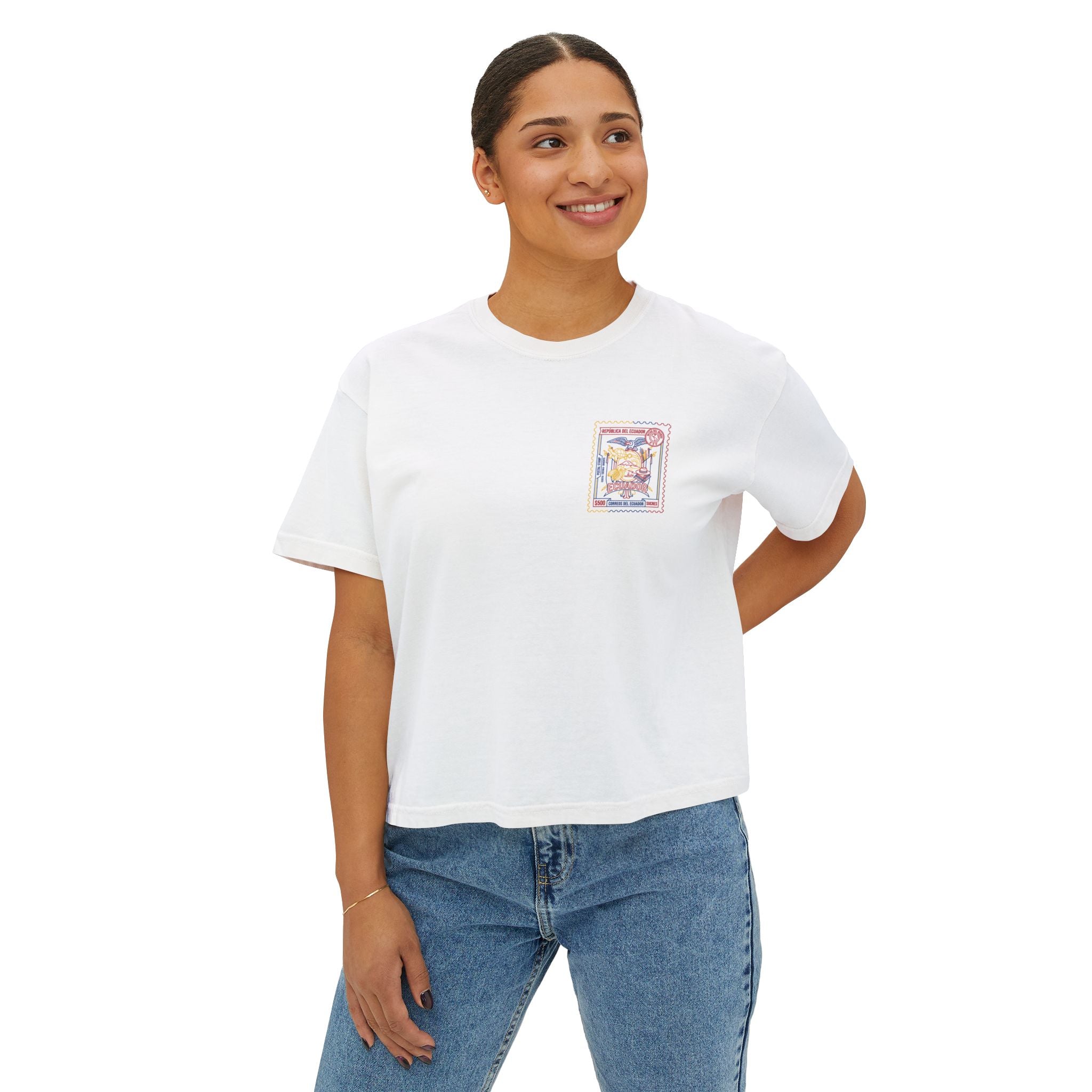Ecuador Stamp Boxy Tee — Vintage Travel Graphic Women's T-Shirt