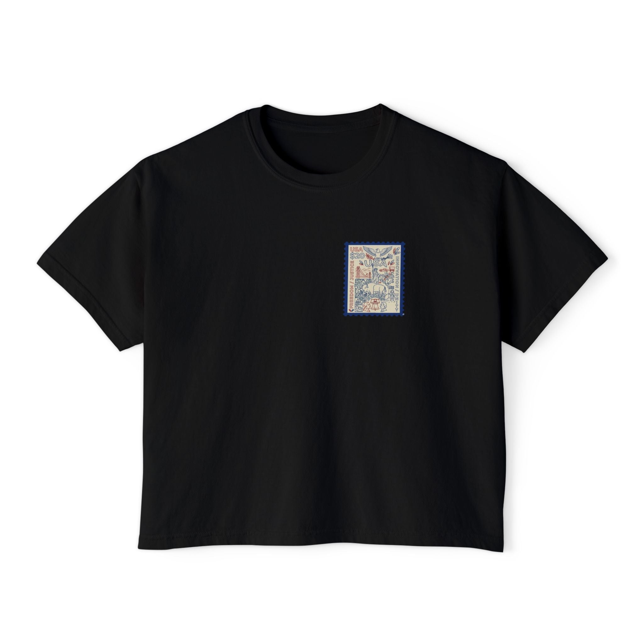 USA Stamp Graphic Boxy Tee — Vintage Patriotic Postage Design
