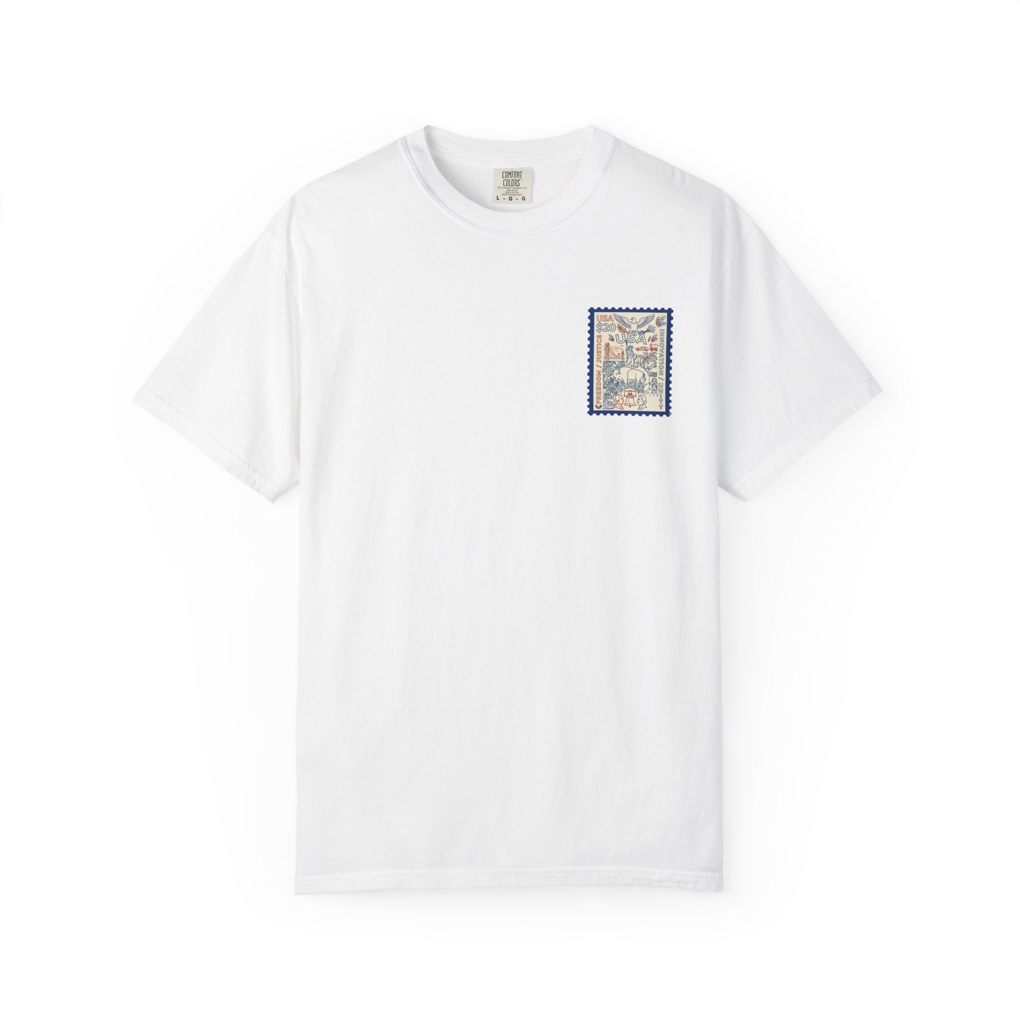 Stamp-Style USA Graphic T-Shirt — Patriotic Vintage 20 Stamp Design