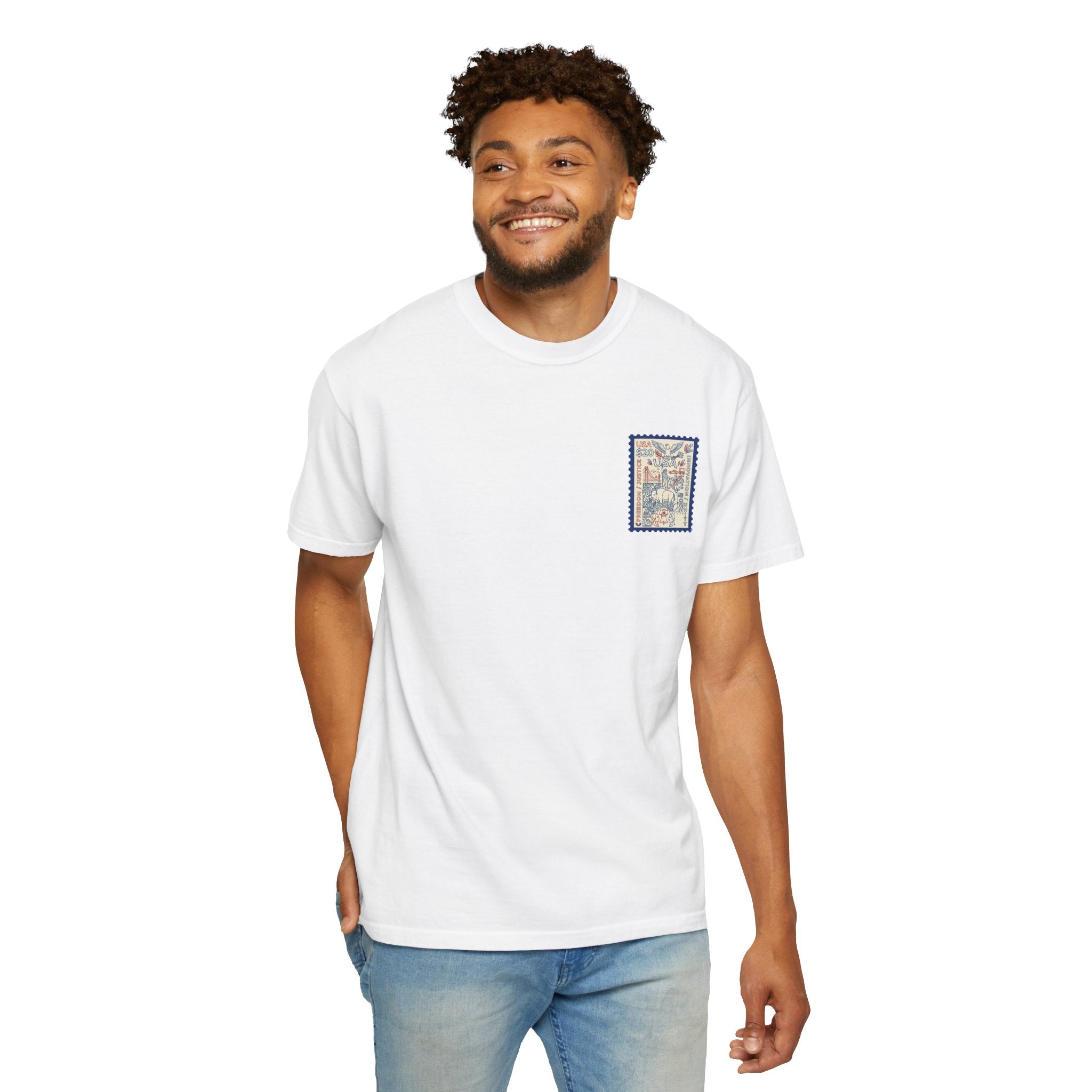 Stamp-Style USA Graphic T-Shirt — Patriotic Vintage 20 Stamp Design