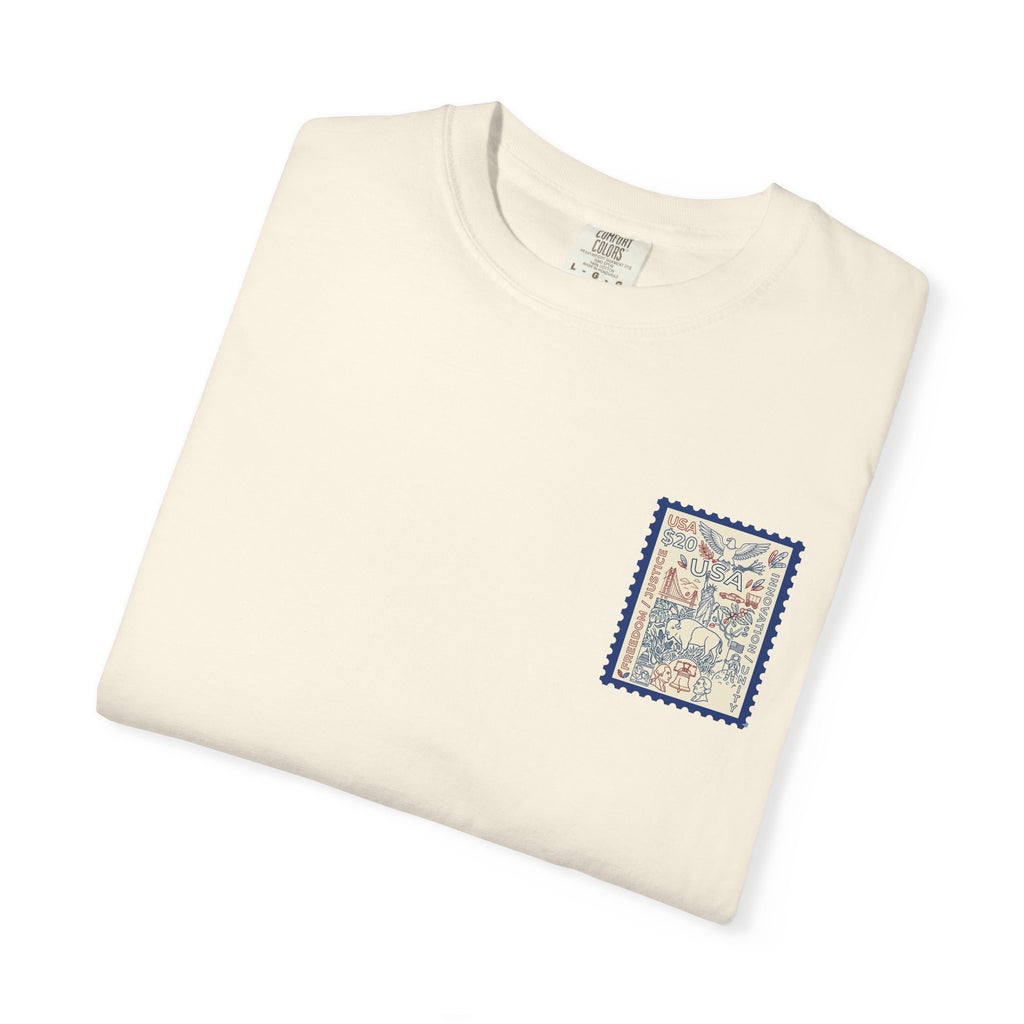 Stamp-Style USA Graphic T-Shirt — Patriotic Vintage 20 Stamp Design