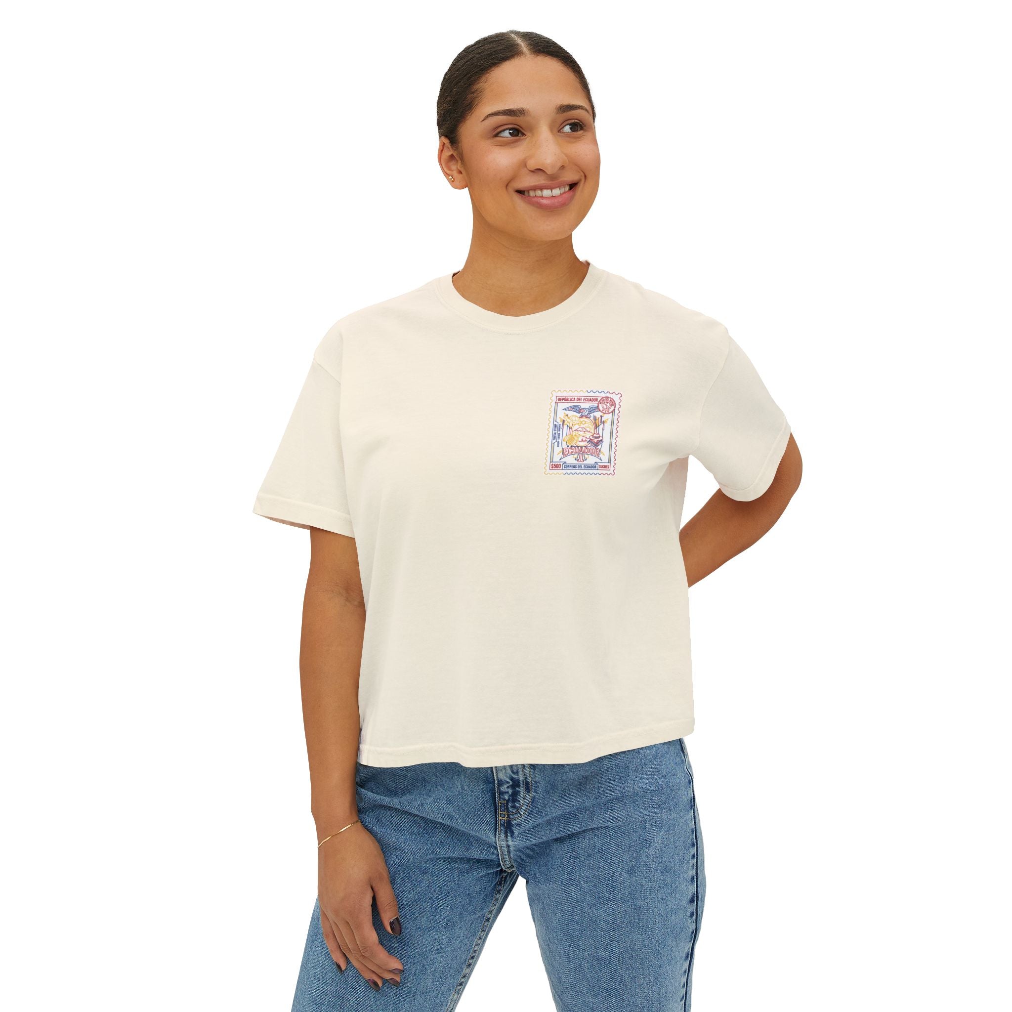 Ecuador Stamp Boxy Tee — Vintage Travel Graphic Women's T-Shirt