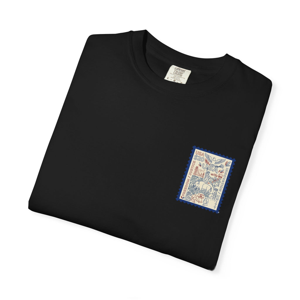 Stamp-Style USA Graphic T-Shirt — Patriotic Vintage 20 Stamp Design