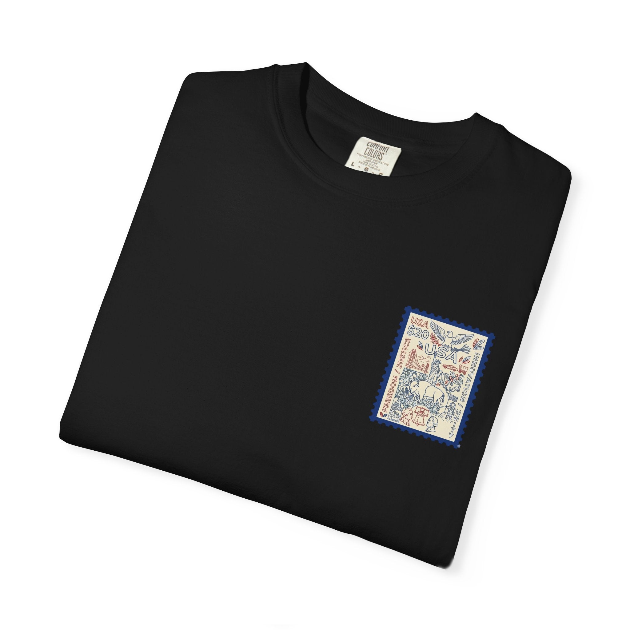 Stamp-Style USA Graphic T-Shirt — Patriotic Vintage 20 Stamp Design