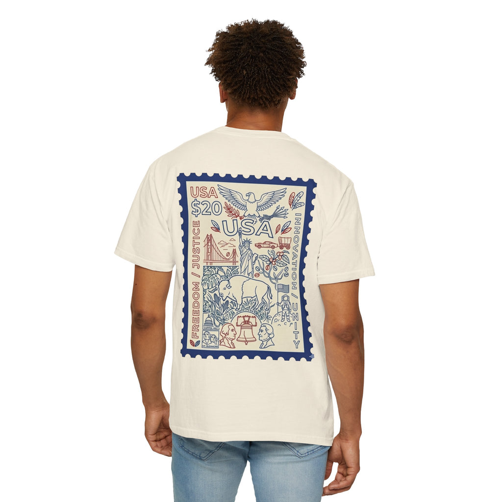 Stamp-Style USA Graphic T-Shirt — Patriotic Vintage 20 Stamp Design