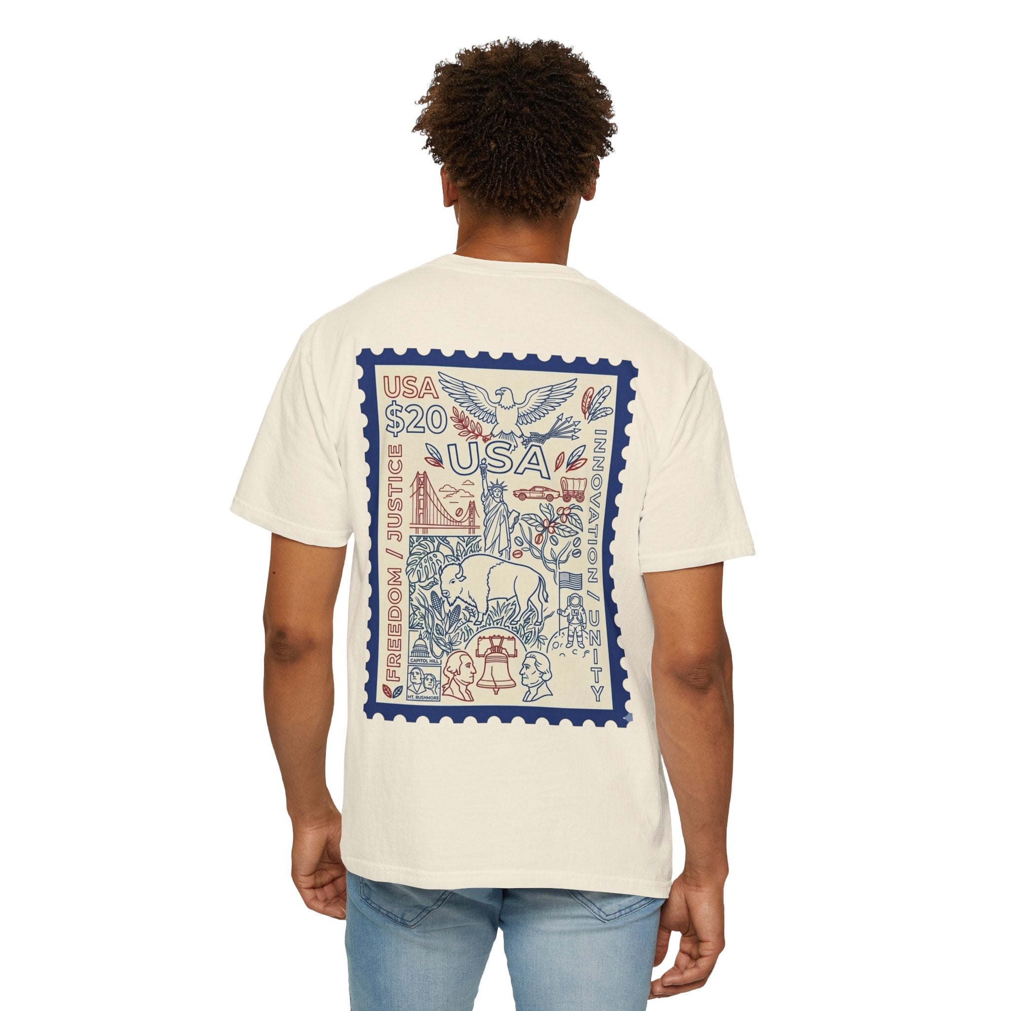 Stamp-Style USA Graphic T-Shirt — Patriotic Vintage 20 Stamp Design