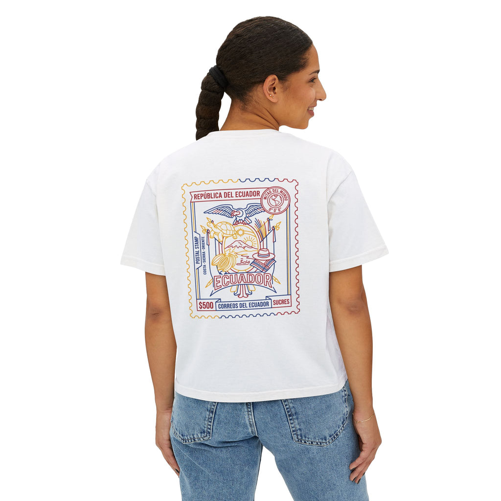 Ecuador Stamp Boxy Tee — Vintage Travel Graphic Women's T-Shirt