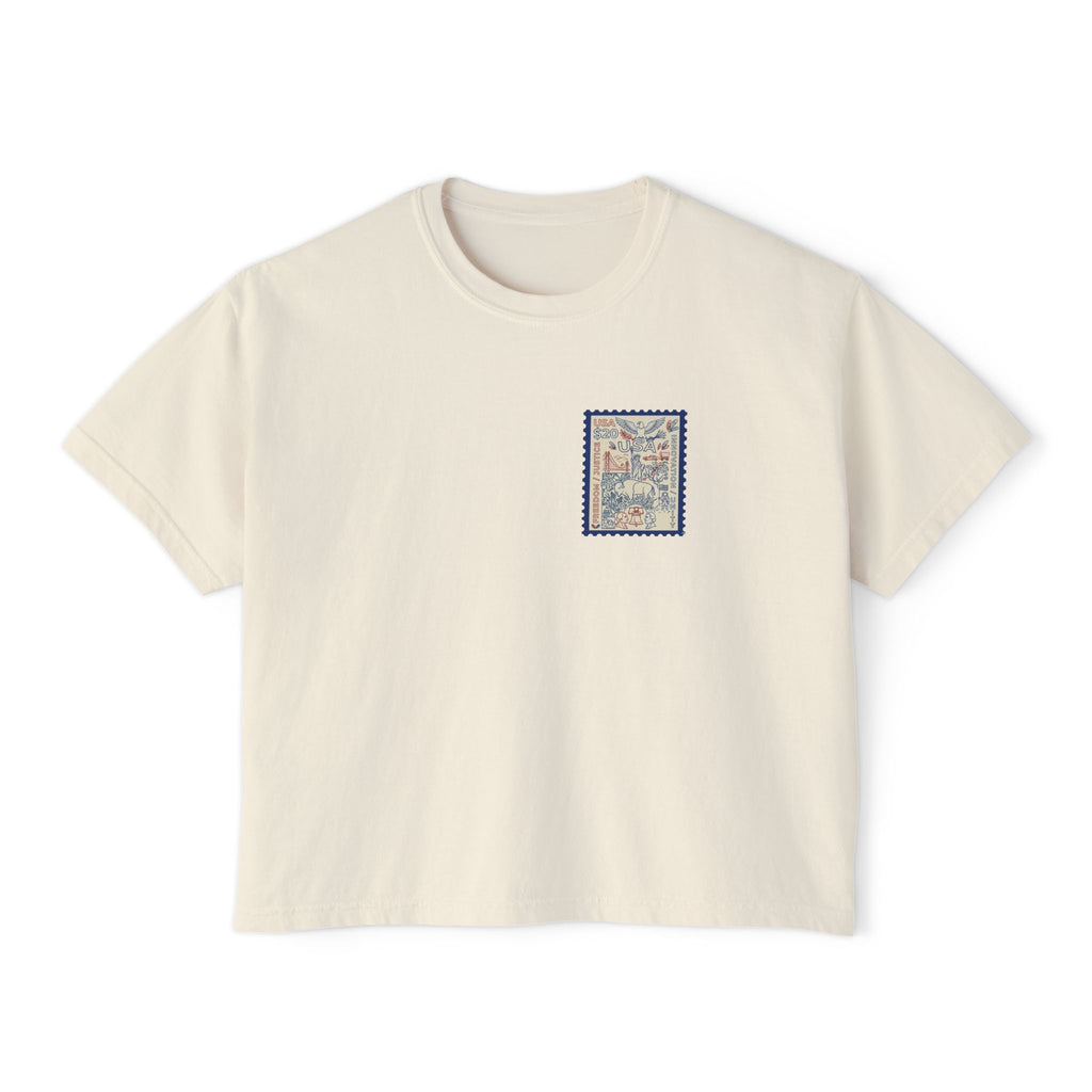 USA Stamp Graphic Boxy Tee — Vintage Patriotic Postage Design