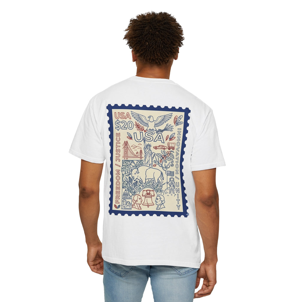 Stamp-Style USA Graphic T-Shirt — Patriotic Vintage 20 Stamp Design