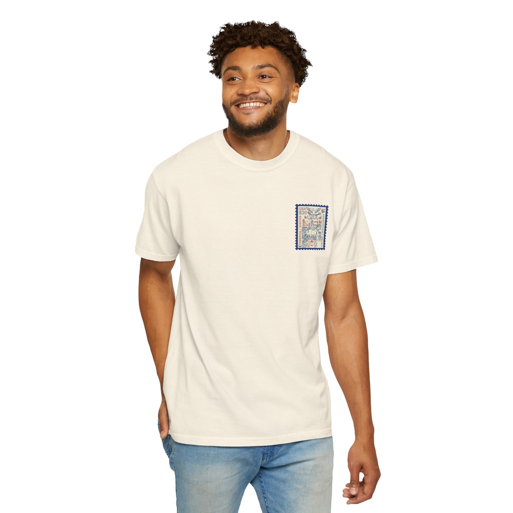 Stamp-Style USA Graphic T-Shirt — Patriotic Vintage 20 Stamp Design