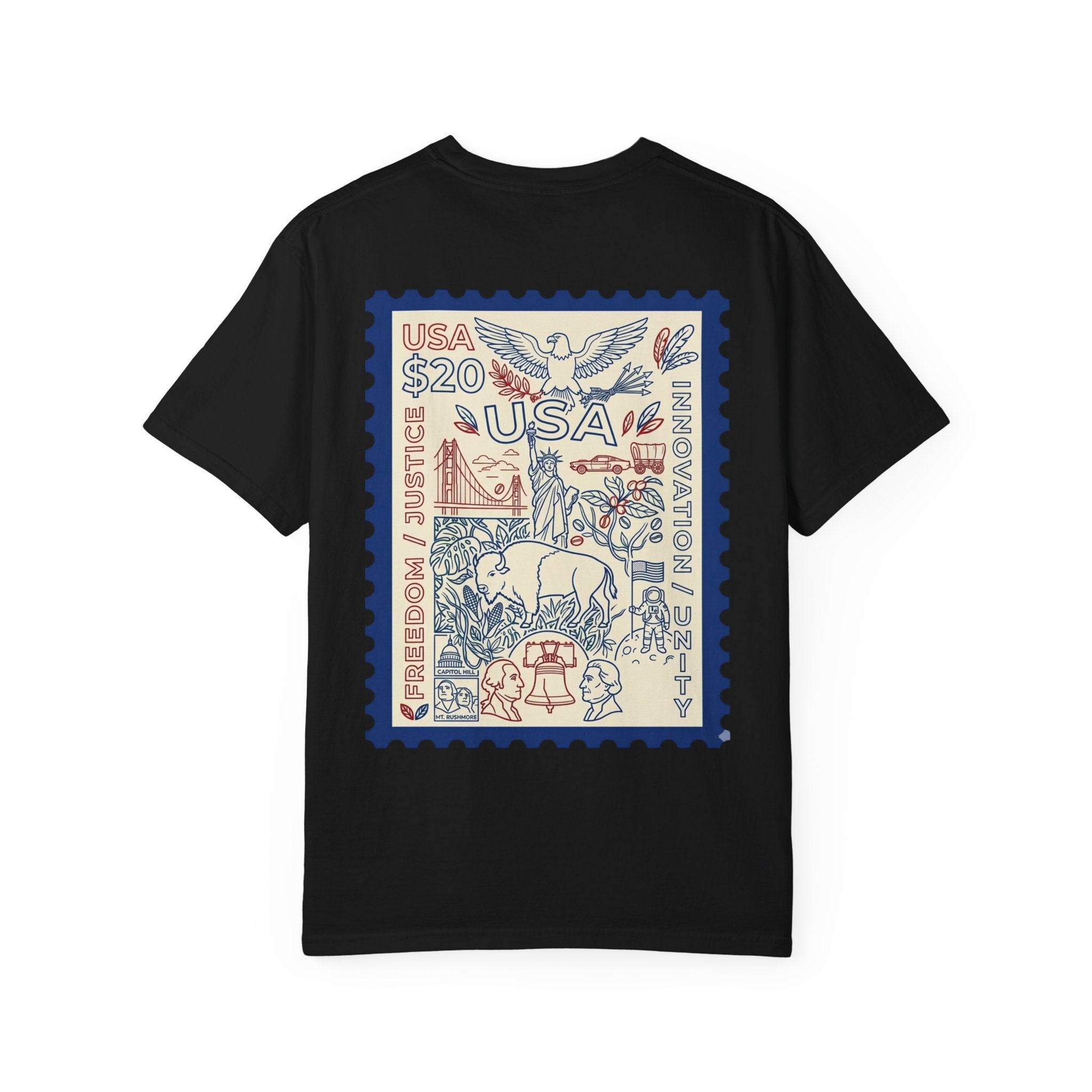 Stamp-Style USA Graphic T-Shirt — Patriotic Vintage 20 Stamp Design