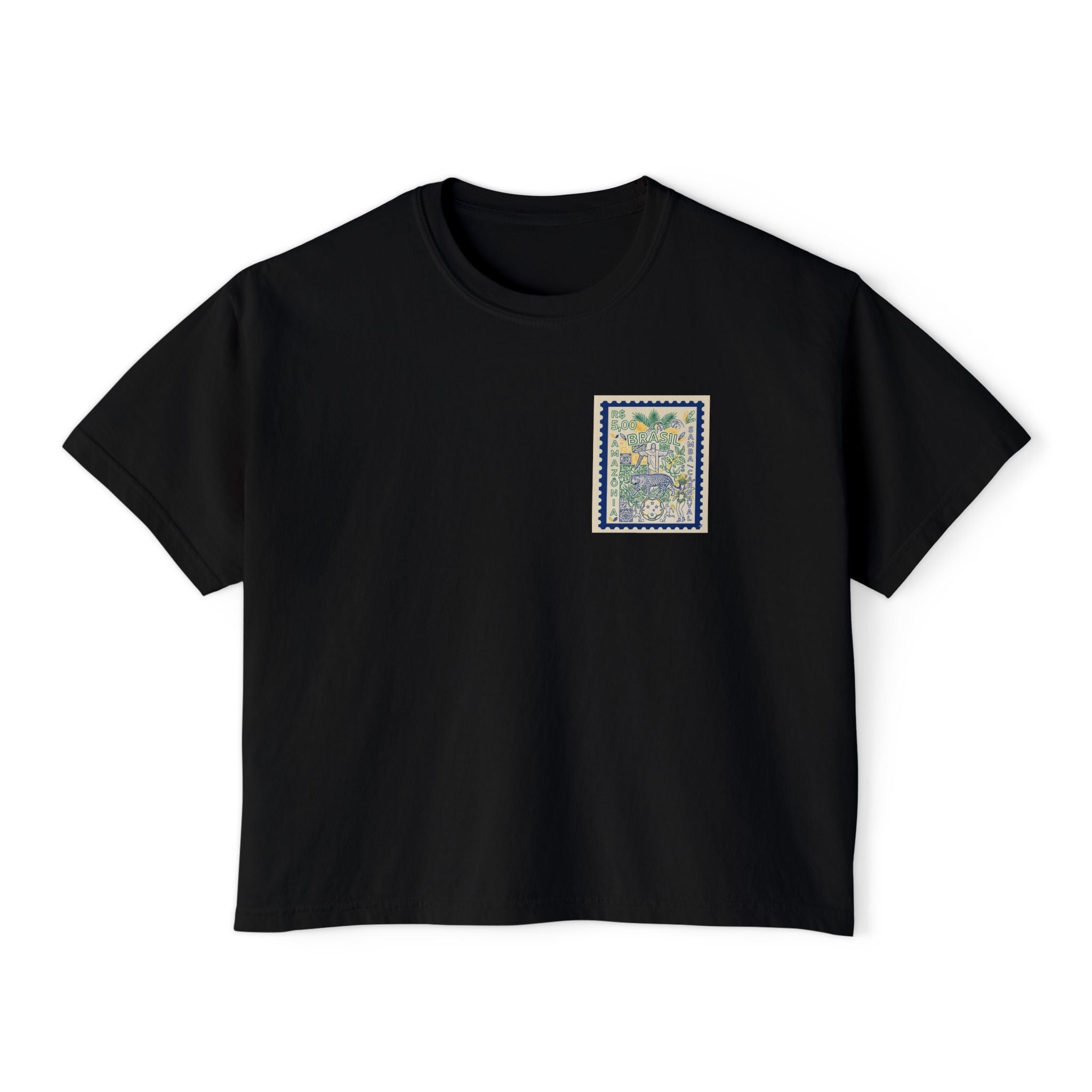 Brazil Stamp Graphic Boxy Tee — Tropical Vintage Postage Design