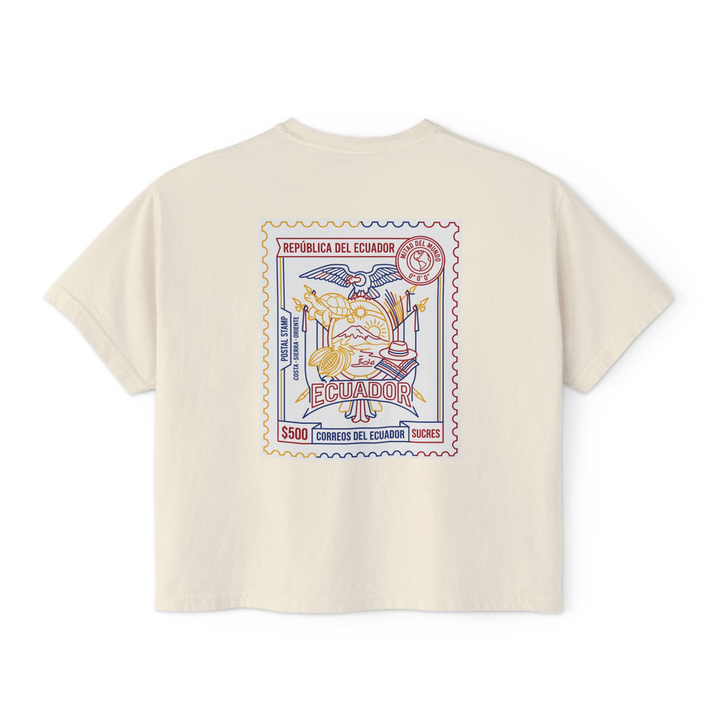 Ecuador Stamp Boxy Tee — Vintage Travel Graphic Women's T-Shirt