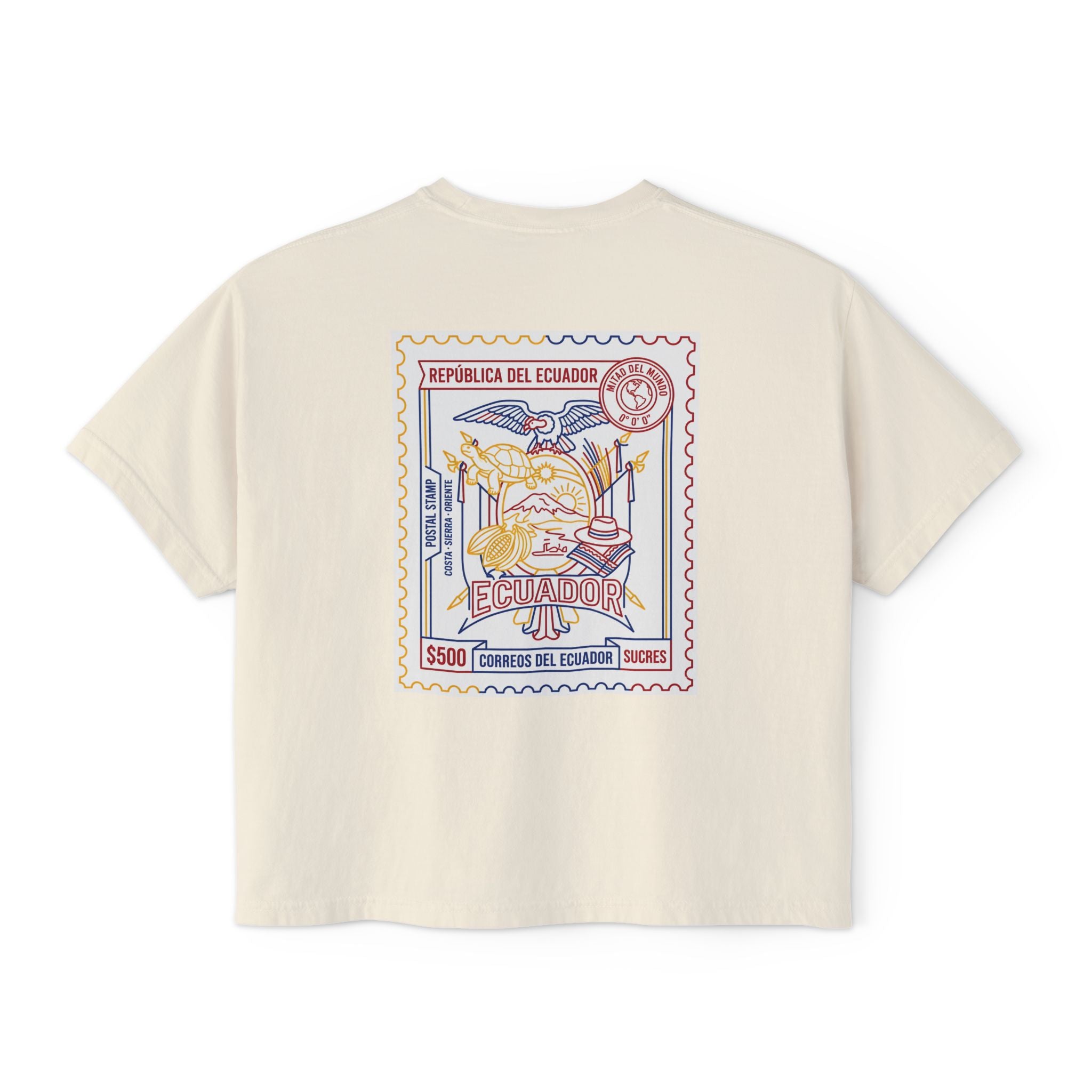 Ecuador Stamp Boxy Tee — Vintage Travel Graphic Women's T-Shirt